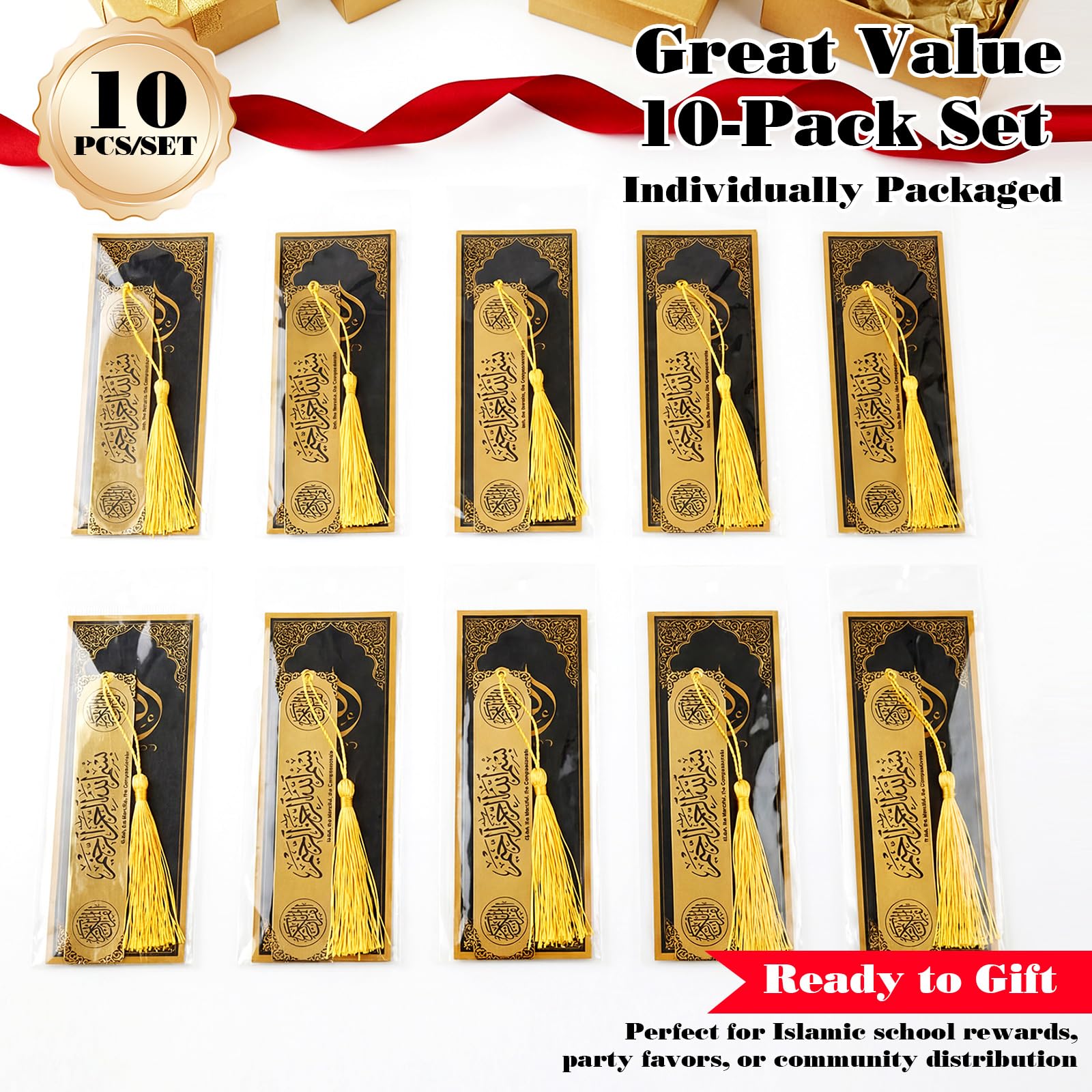 Resurhang 10 Sets Eid al-Adha Mubarak Gifts Islamic Metal Bookmarks Bulk with Cards Hajj Quran Markers Gold Stainless Steel Tassels Muslim Religious Party Favors Men Women