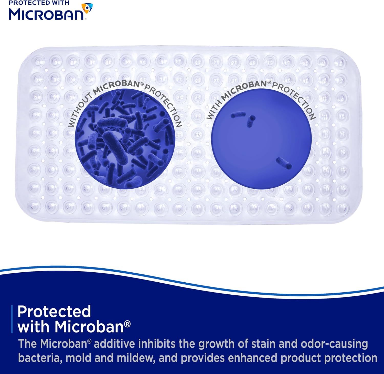 Kenney MB61164H Microban Protected 26.75" L x 14.5" W Vinyl Bubble Bath Mat, Shower Mat, Tub Mat with Suction Cups and Drain Holes for Use Inside the Shower, Clear
