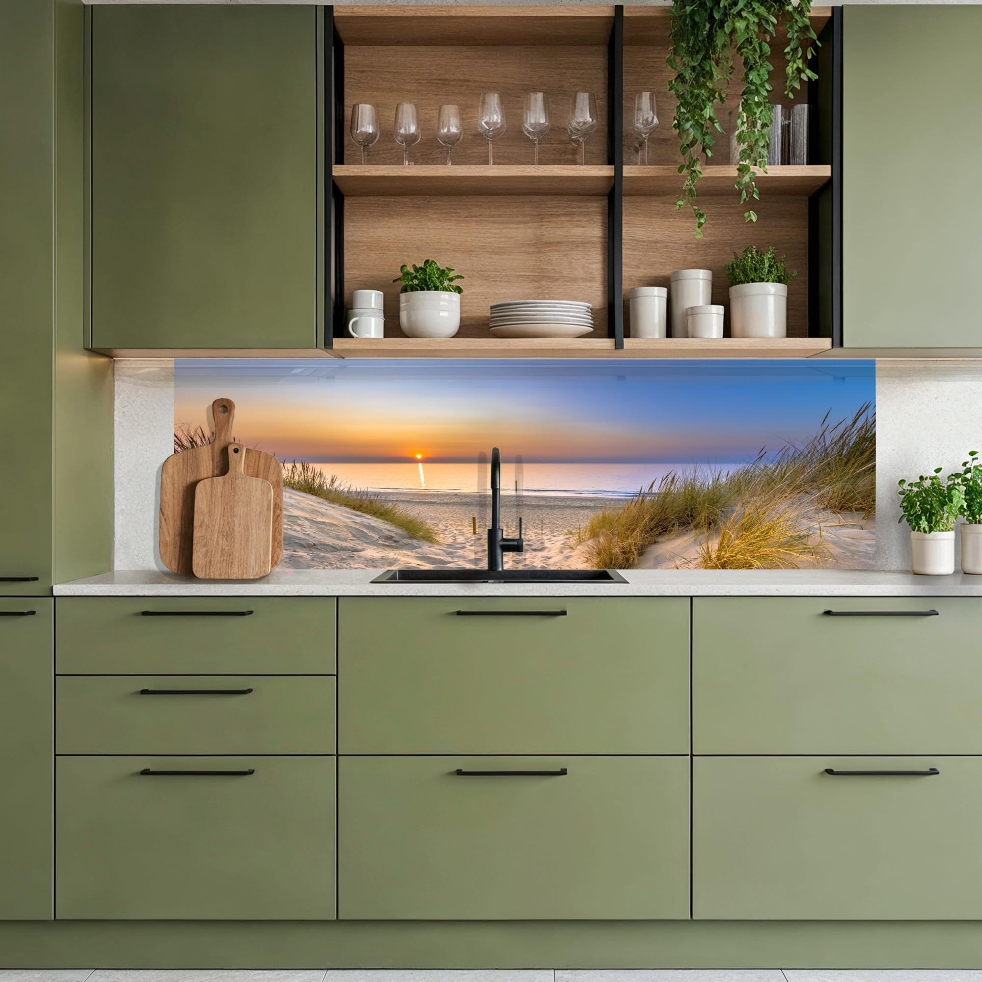 KitchenYeah© Küchenrückwand 60x200 cm Selbstklebende Kitchen Wall Protector Küchen Rückenwand Küchenfronten Küchenrückwände Küche Wand Düne - Sonnenuntergang - Horizont - Strand - Gras
