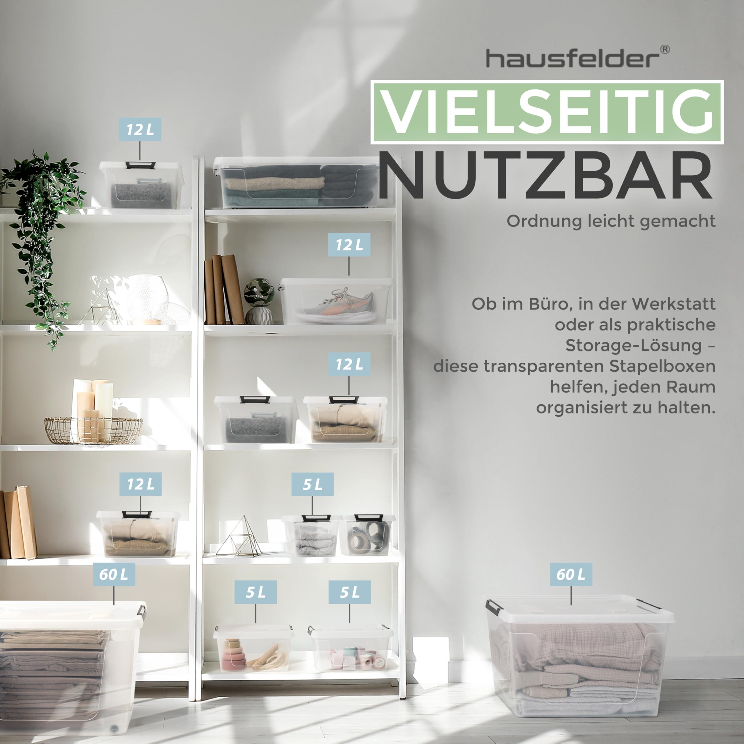 Hausfelder Aufbewahrungsboxen 10er Set, 12 l, mit Deckel, transparent | Kunststoffboxen mit Deckel für Küche, Keller, Garage und Haushalt, stapelbar, transparent