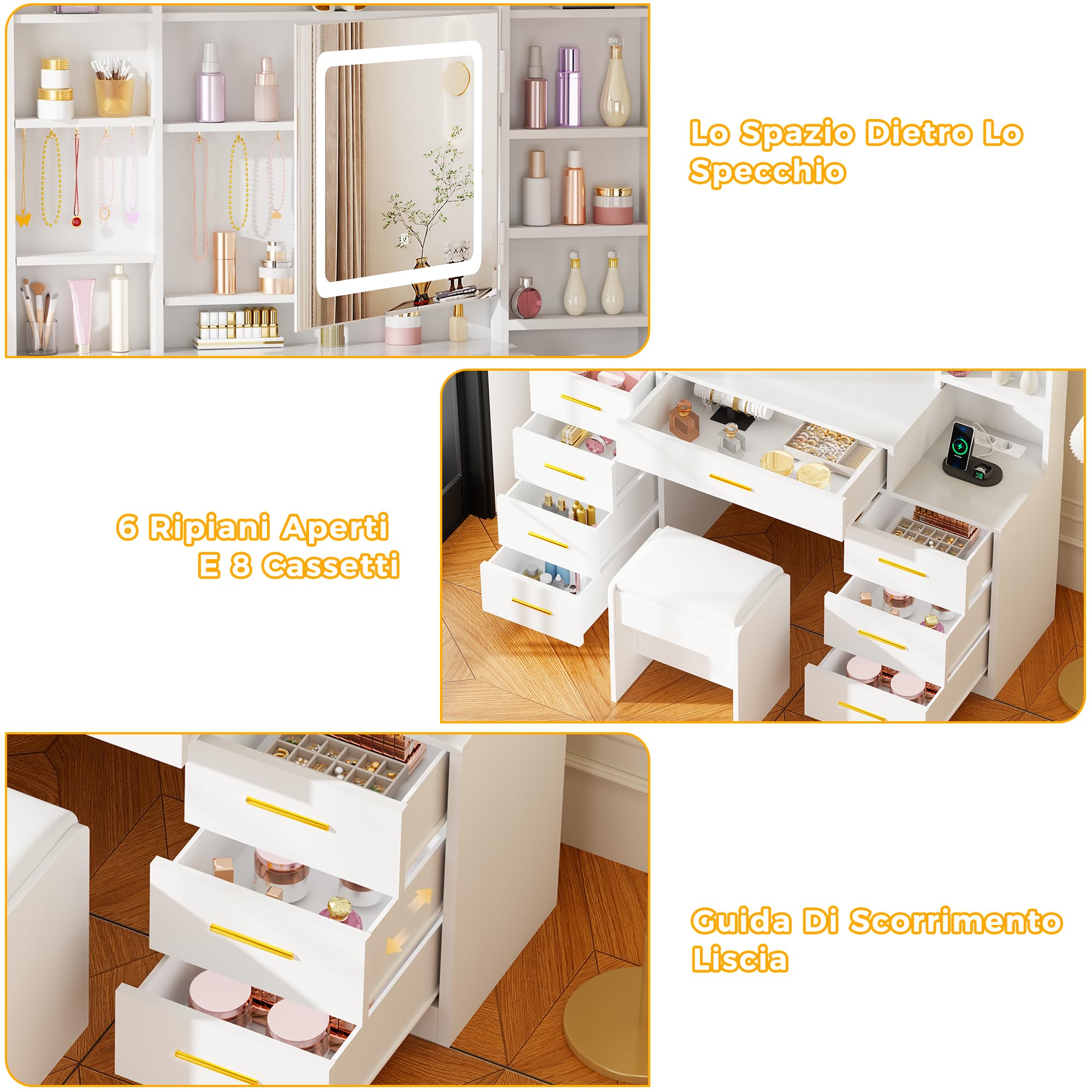 BEWISHOME Grande Toeletta da Trucco con Specchio e Luci, Sgabello e Presa | luminosità Regolabile,Tavolo Trucco con 8 Cassetti e 8 Ripiani Aperti, Moderna Postazione Trucco per Camera da Letto, EFST53M