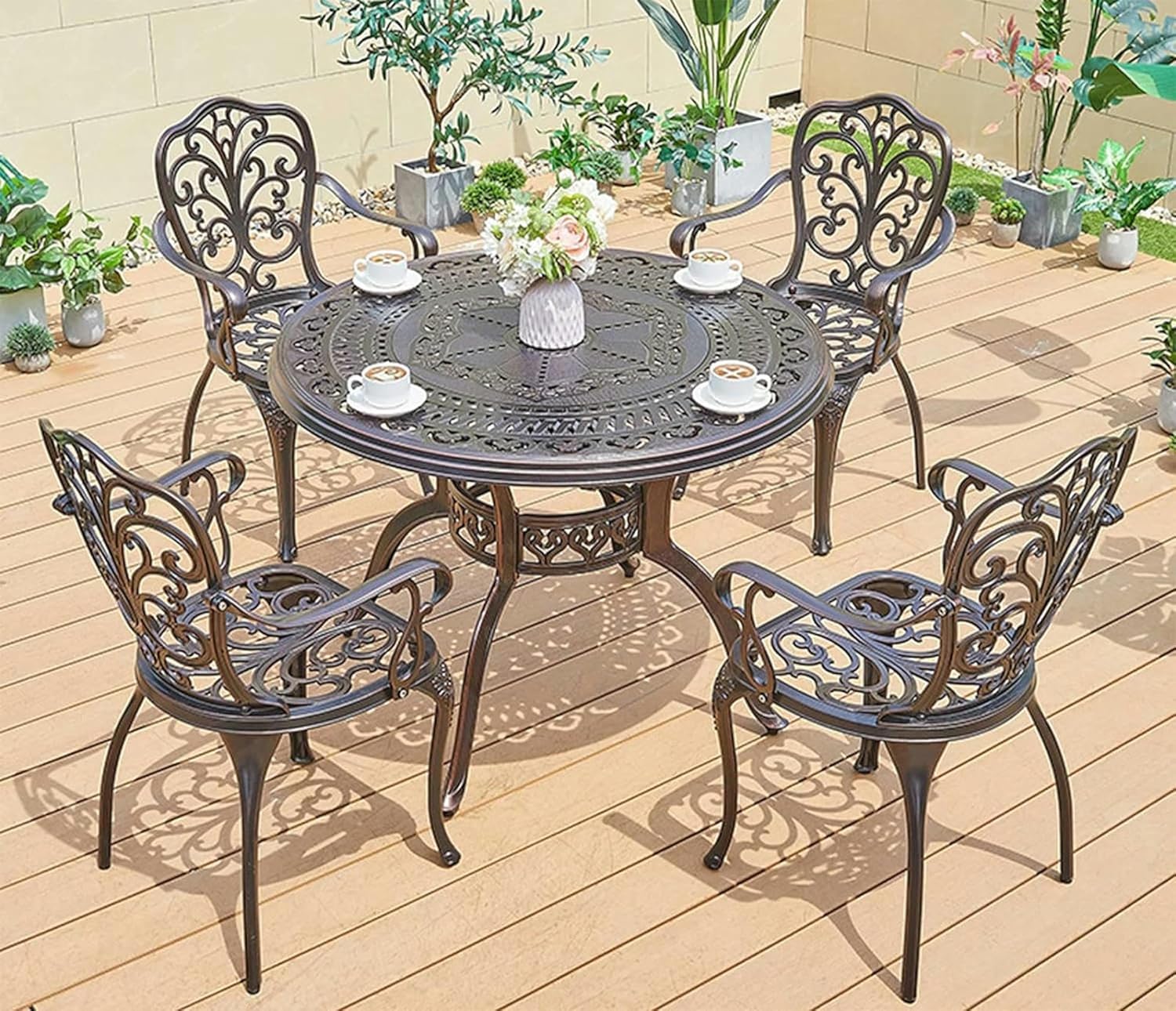 Garden Bench Cast Aluminium Outdoor Dining Set of 4 Chairs Round Table,Outdoor Garden Furniture for Patio, Terrace, Decking,Durable,Rust Free
