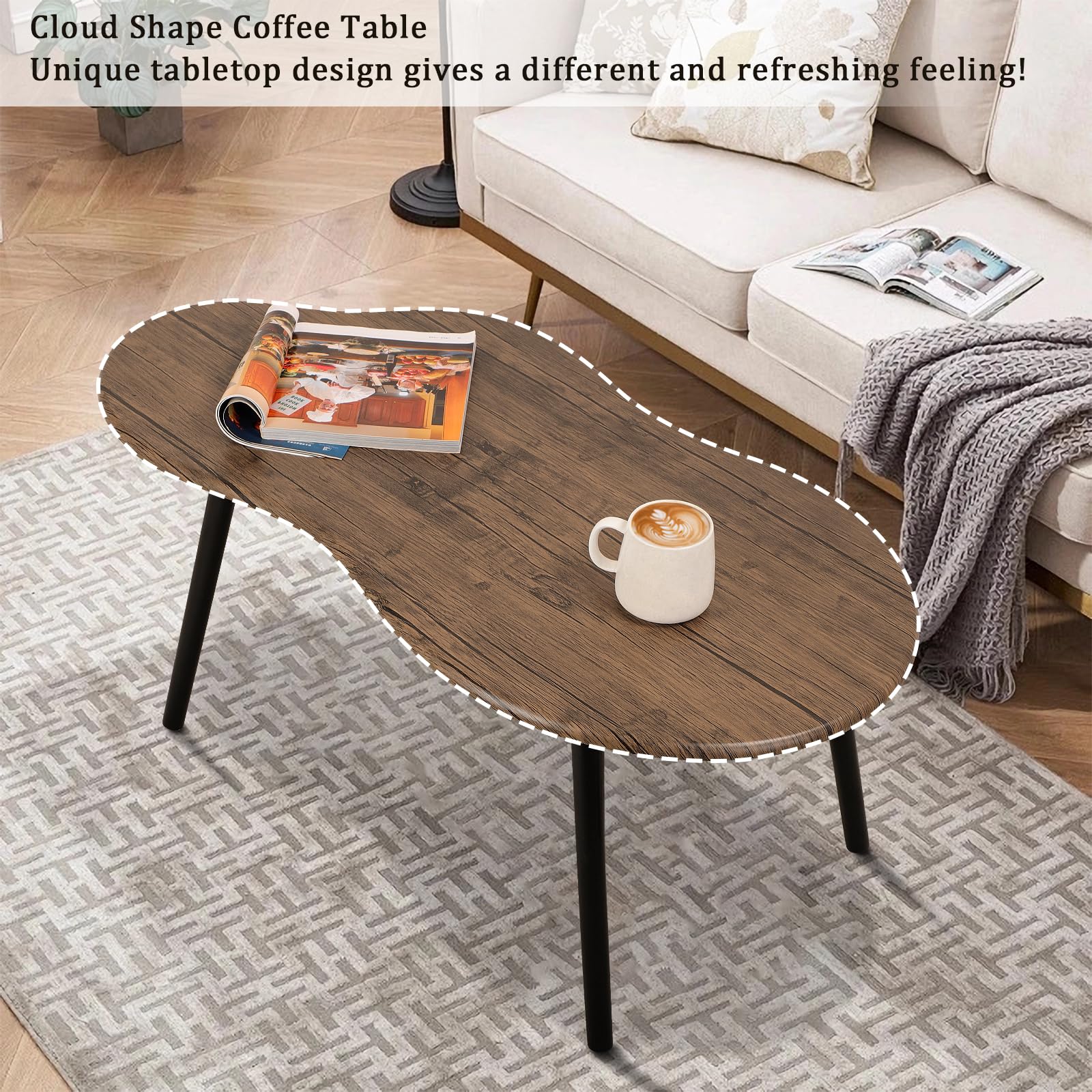 Rustikaler Couchtisch mit unregelmäßiger Holzmaserung, schlicht, modern, Wolkenform, Mitteltisch, Stehtisch für Wohnzimmer, Heimbüro