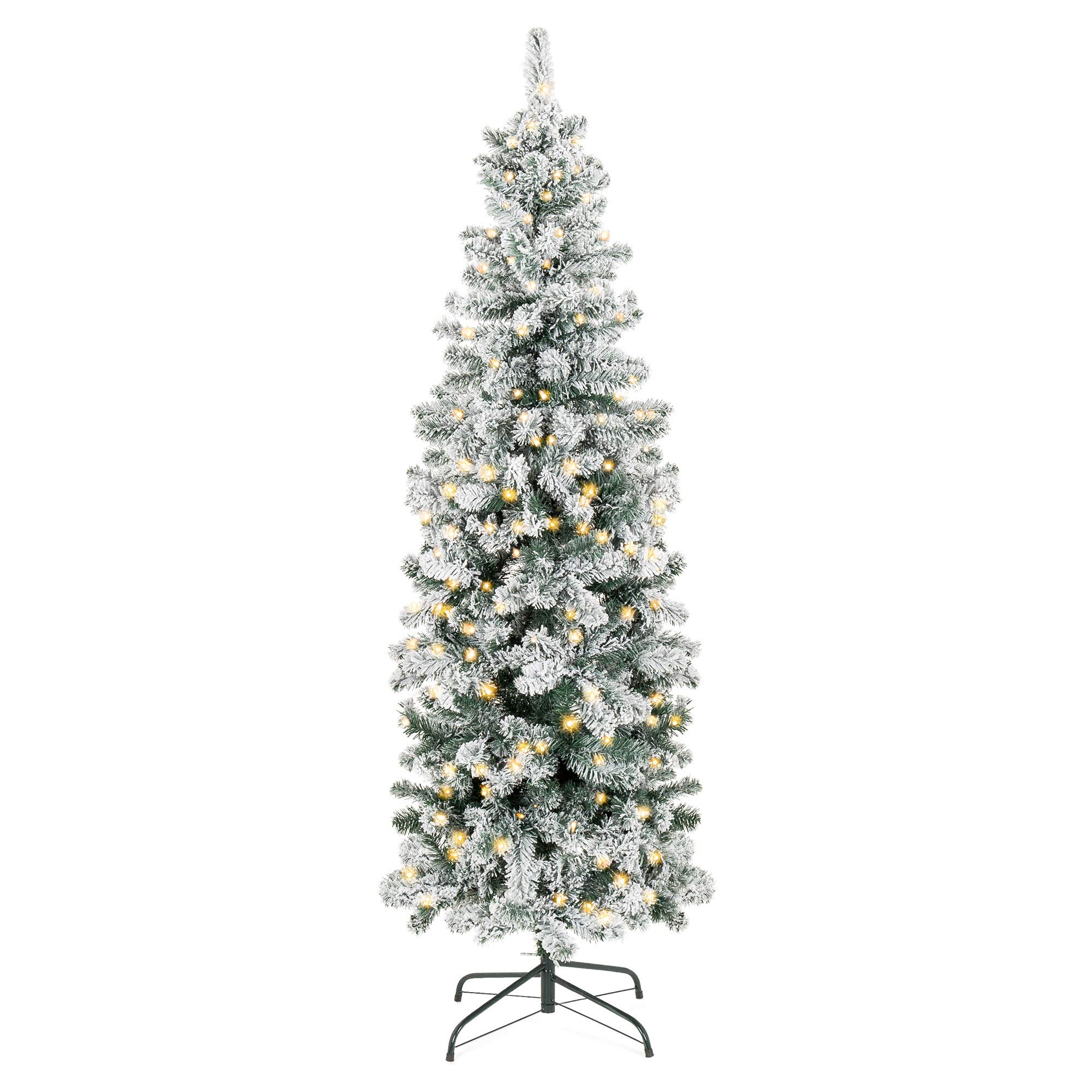 Best Choice Products 6ft Pre-Lit Artificial Snow Flocked Pencil Christmas Tree Holiday Decoration w/ 250 Clear Lights