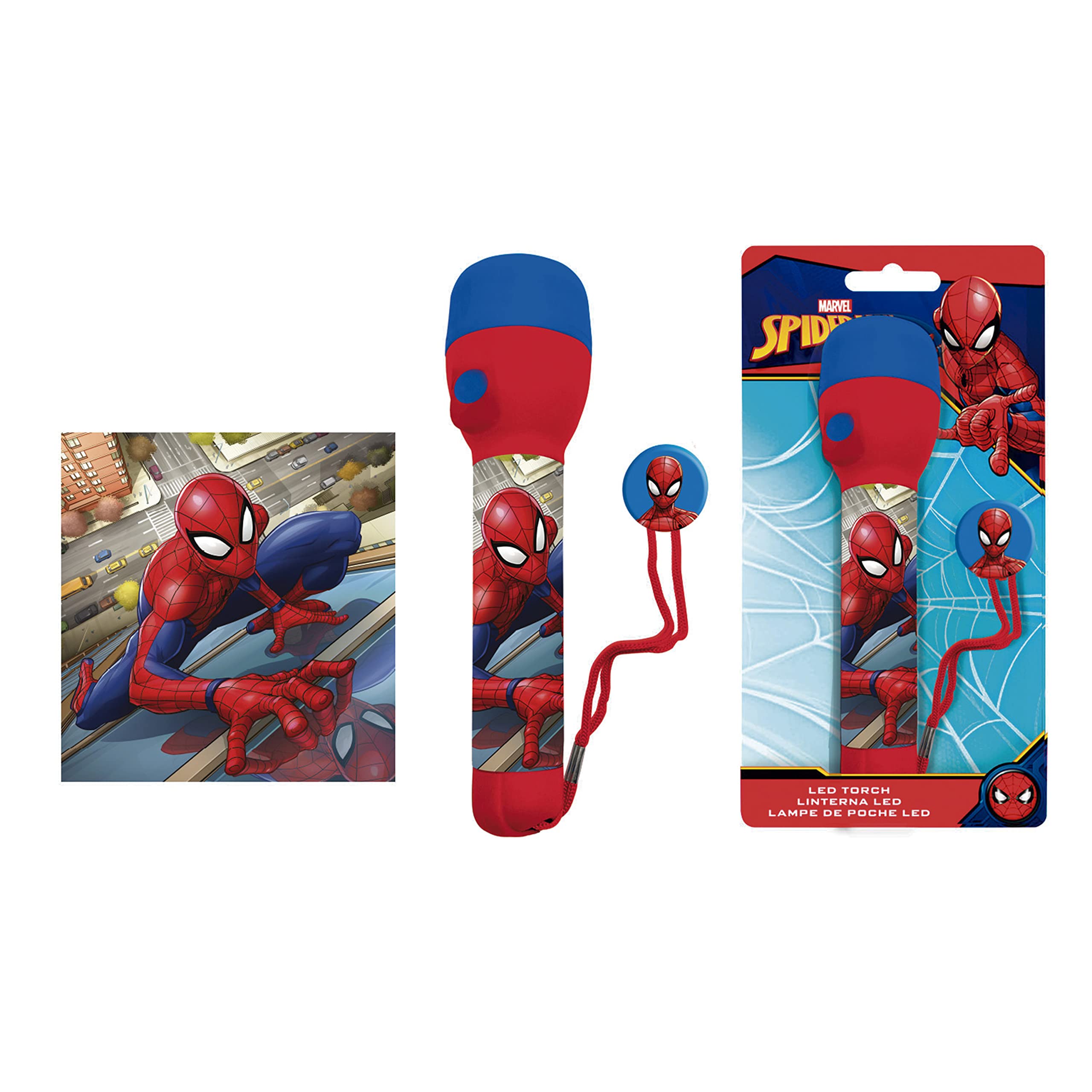 Marvel Spiderman LED Flash Light 16cm, Plastic Torch for Travel Camping, Kids Licensed Summer Gifts, Big Torch Kids, Night Light Gift for Boys Girls 3+