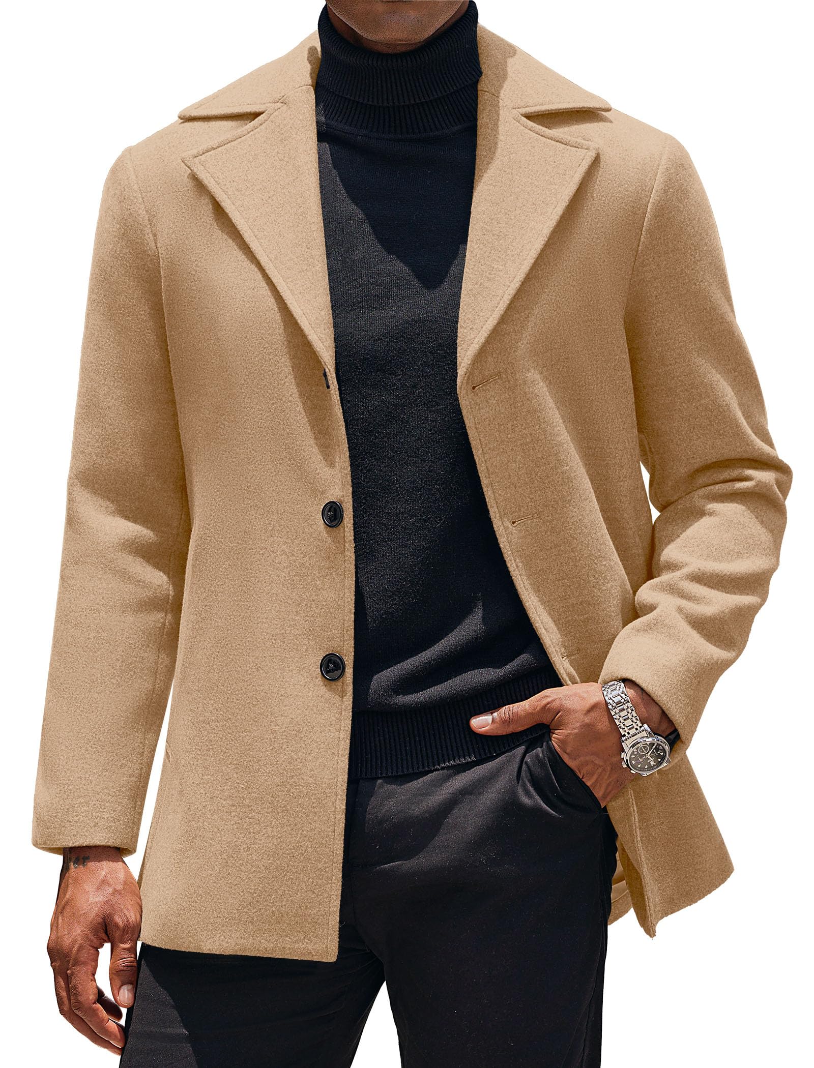 Mens Trench Coat Notched Collar Single Breasted Peacoat Winter Overcoat With Pockets