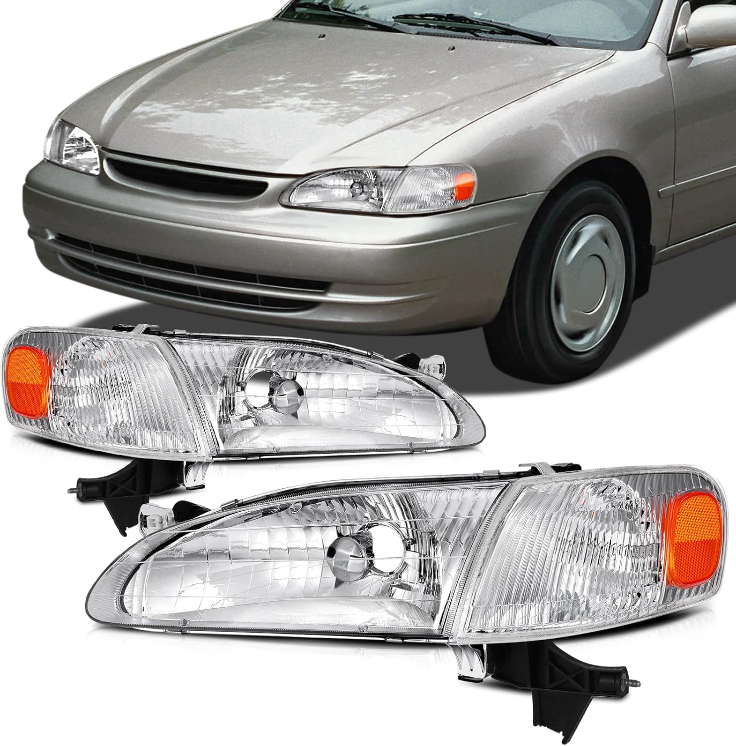 SCITOO Headlights for 1998-2000 for Toyota Corolla Pair Headlights Assembly Chrome Housing Amber Reflector 81510-02040