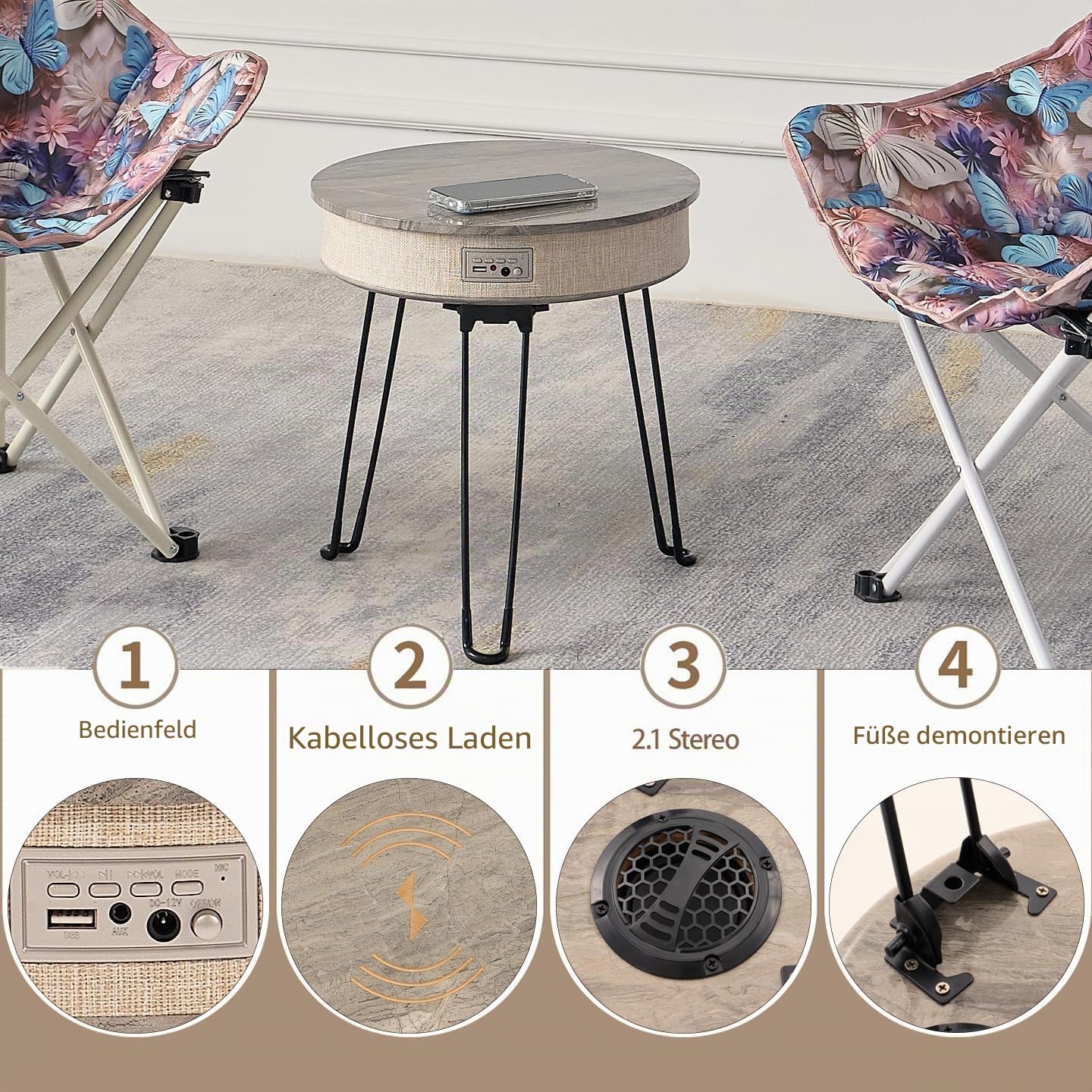 Louis Donné LED Beistelltisch mit Bluetooth Lautsprecher, Klappbarer Edelstahl Tisch mit Sensor Nachtlicht, Wasserdichter Outdoor Tisch für Balkon, Garten & Wohnzimmer, Akku 6–8 Std., Khaki