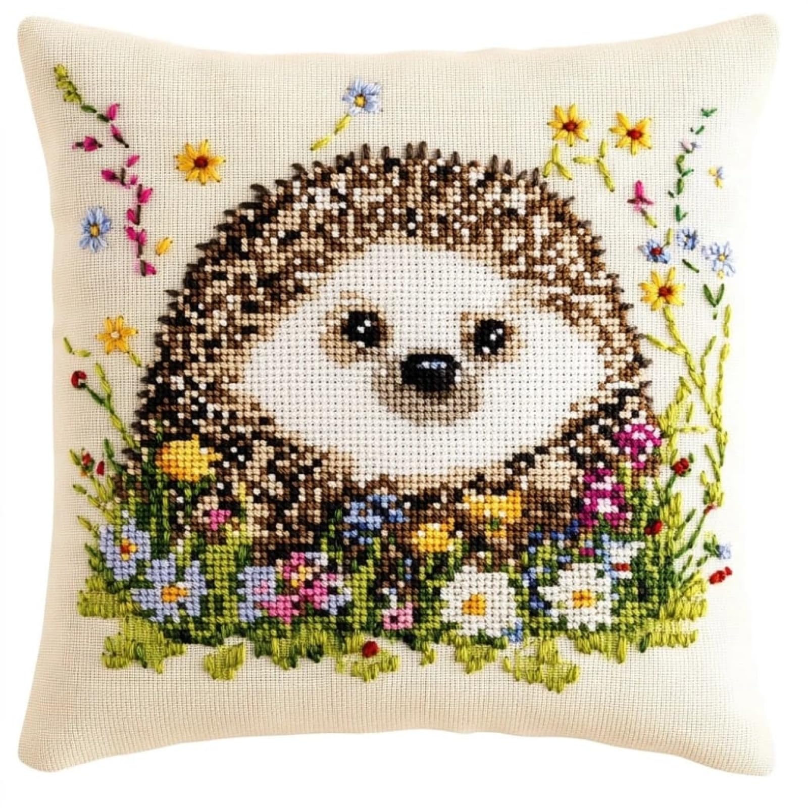 WallustrioaW DIY Needlework Cushion Kit,Hedgehogs and Flowers,Embroidery Pillow Cross Stitch Pillowcase DIY Printed Cross Stitch Pillow Kits,45x45cm