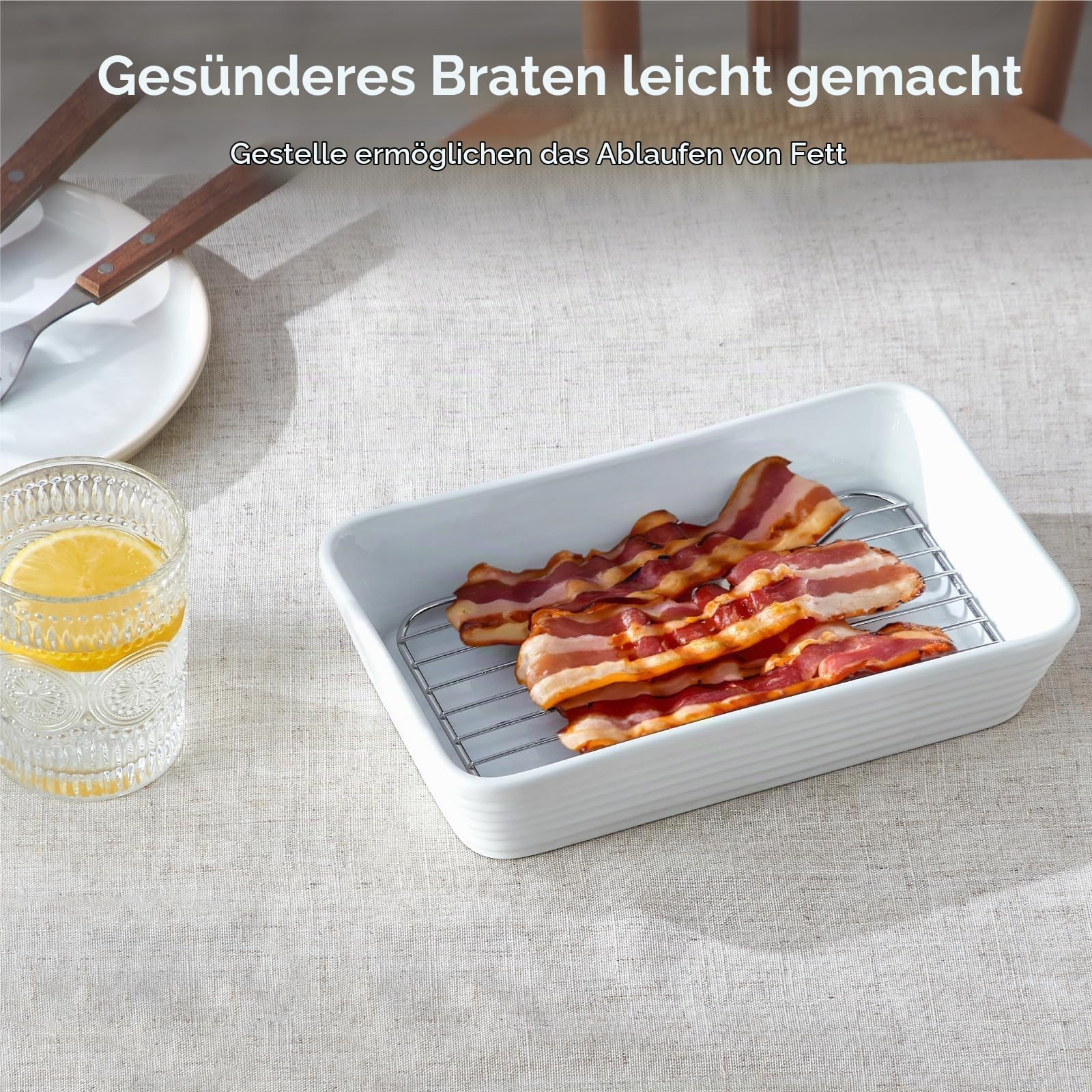 ONEMORE 3er Set Auflaufformen aus Keramik mit Rost, rechteckige Backform für Lasagne, Tiramisu und Aufläufe, in 3 Größen: 2,8 L, 2 L und 1,2 L
