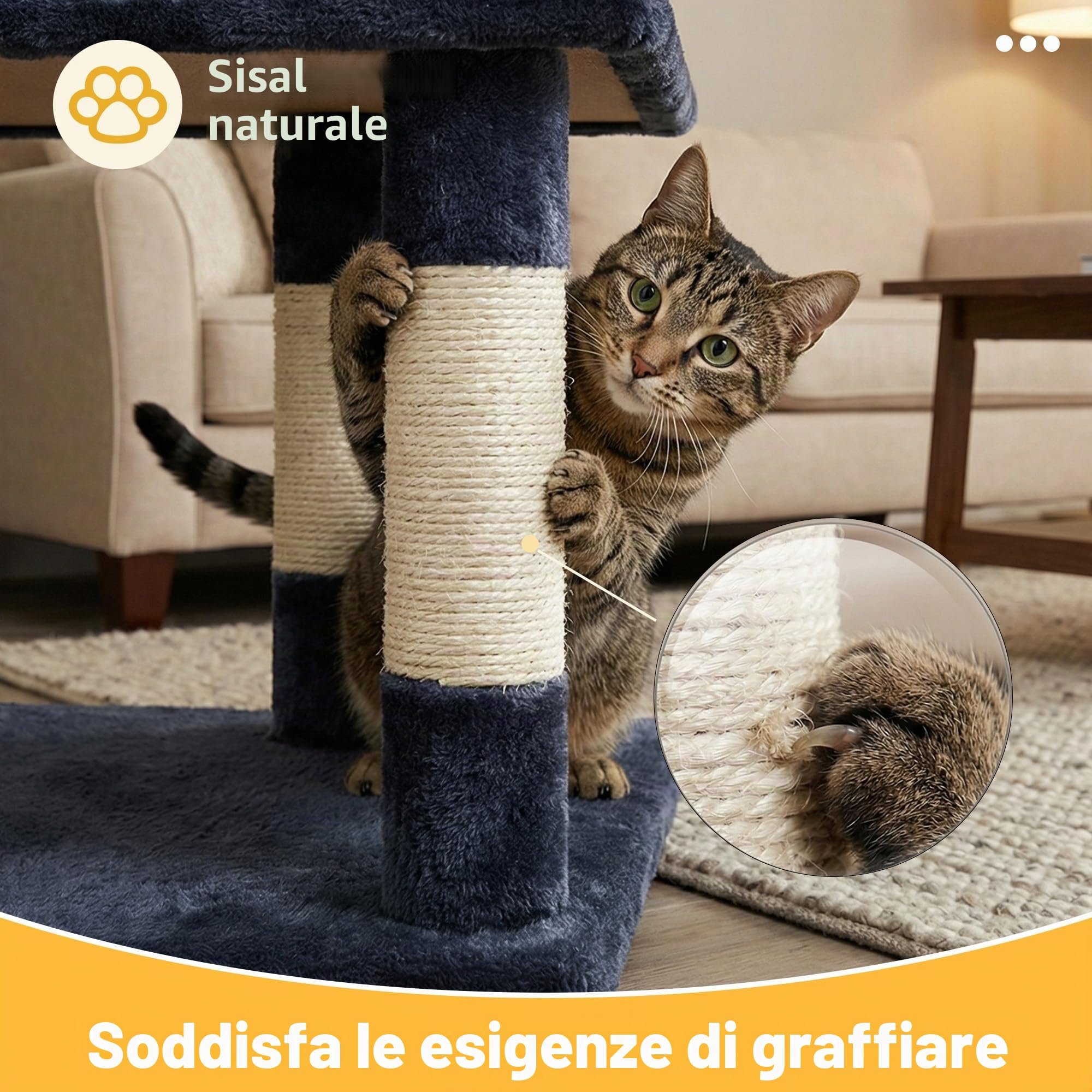 Hey-brother Tiragraffi per Gatti, con Cuccia, Topolino finto, MPJ004SG | 110cm Albero per Gatti Multilivello, Cesta, Piattaforme in Peluche, Pompon, Ideale per gattini da interno, Grigio Fumo