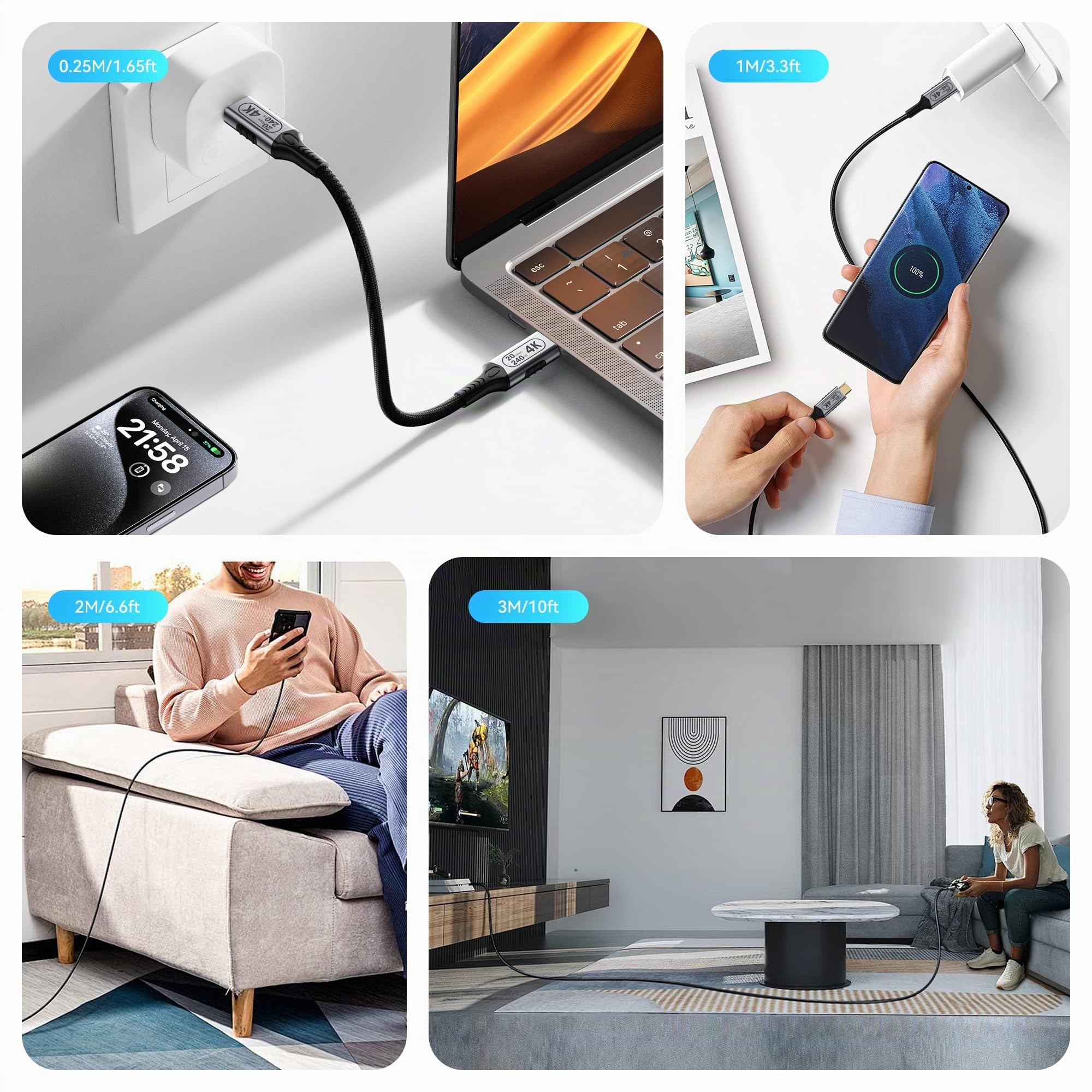 Lang Ladekabel USB C Kabel 6M, USB C 3.2 Gen2 Schnellladekabel,20 Gbps Datenübertragung, 100W 20V/5A Ladekabel,4K @ 60Hz Videoübertragung für