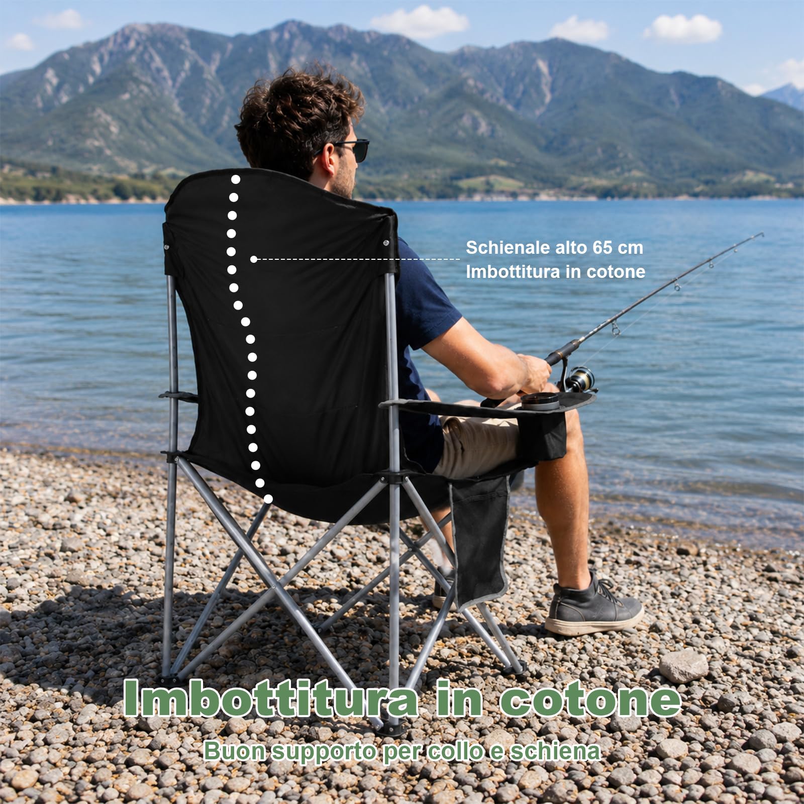 Sedia da Campeggio Pieghevole, Portata 160kg, Schienale Alto, Seduta Ampia, Imbottita in Cotone, Sedia da Campeggio XXL per Campeggio, Festival, Spiaggia, Giardino e Balcone