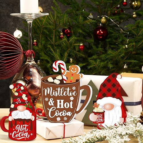 Miniatura 7 de 4 piezas de decoración de bandeja escalonada de invierno, letreros de madera de cacao caliente, taza de café, letreros de bloque de madera, placas
