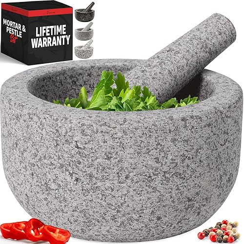 Priority Chef Heavy Duty Extra Large Mortar and Pestle Set, 4 Cup, Hand Carved from Natural Granite, Make Fresh Guacamole, Salsa, Pesto, Stone Grinder Bowl, Herb Crusher, Spice Grinder, Grey - 4 Cup - Grey
