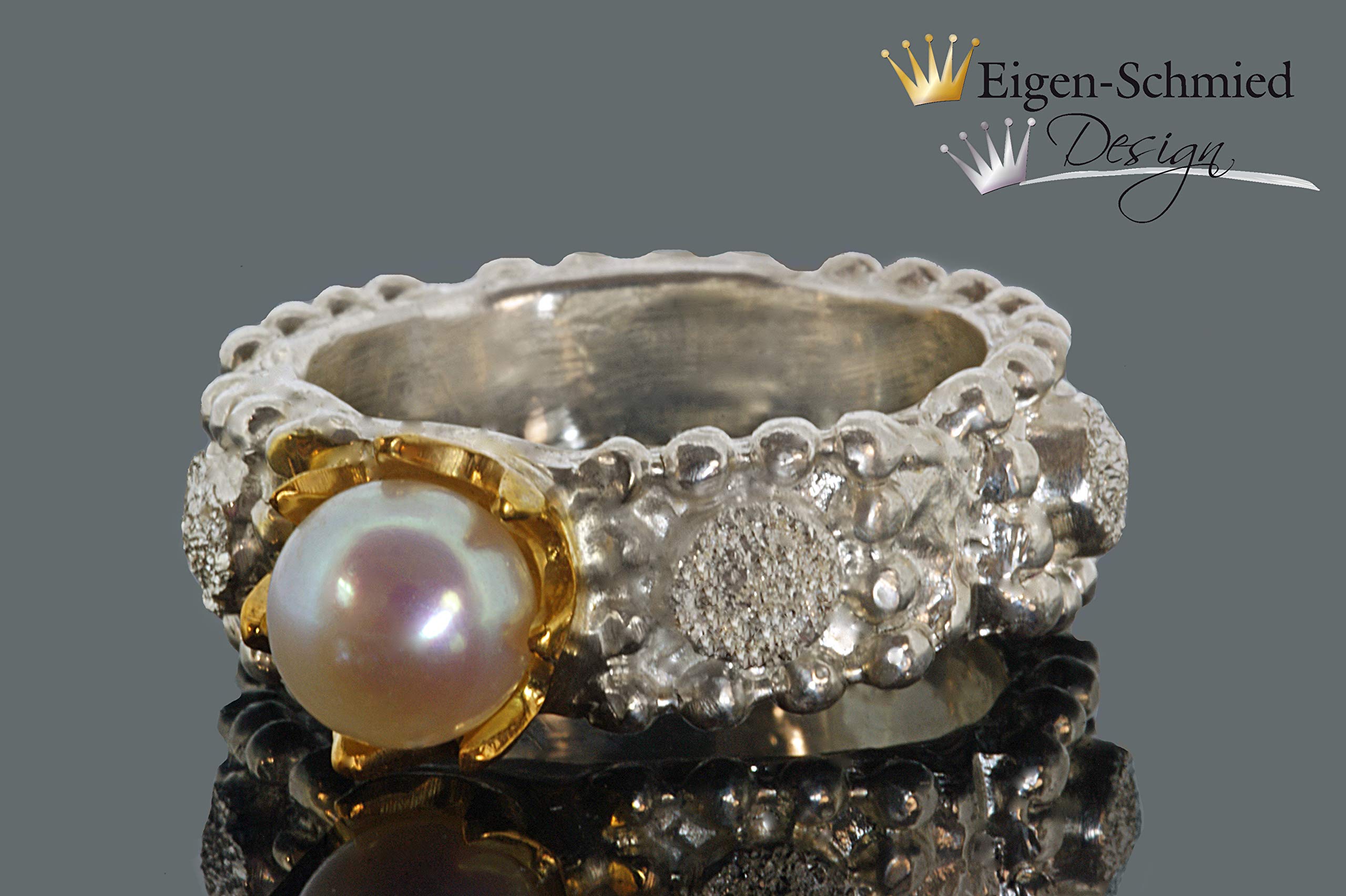 Goldschmiede Silberring Mosaik mit Perle, Ring Silber, Krone, Perlenring, handgefertigt, Unikat, Damenring, Silberschmuck, Valentinstag