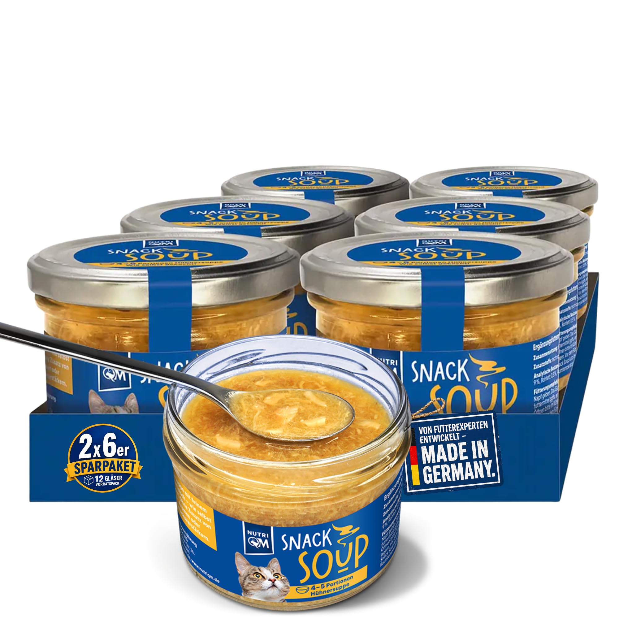 NutriQM® Katzensuppe Huhn 12 x 190 ml – Premium Katzen Drink mit 20 % Filetfleisch – Katzen Suppe ohne Zucker & Getreide – Cat Soup ohne Zusatzstoffe – im Glas – Made in Germany