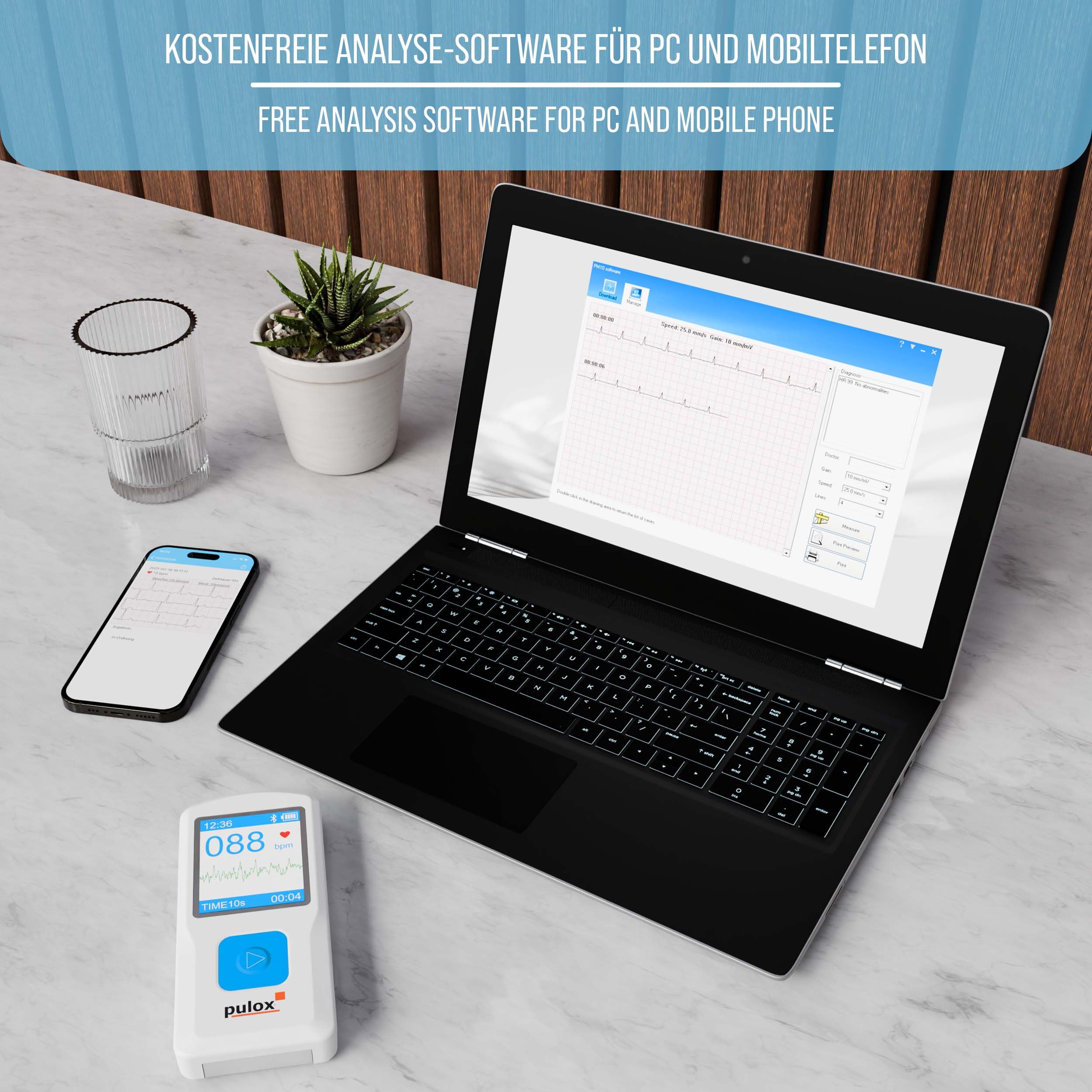 Pulox PM10 Mobiles Einkanal EKG-Gerät mit App & PC-Software | Wireless EKG-Monitor für Zuhause mit Analysefunktion, Messdaten bequem per Smartphone-App und PC auswerten