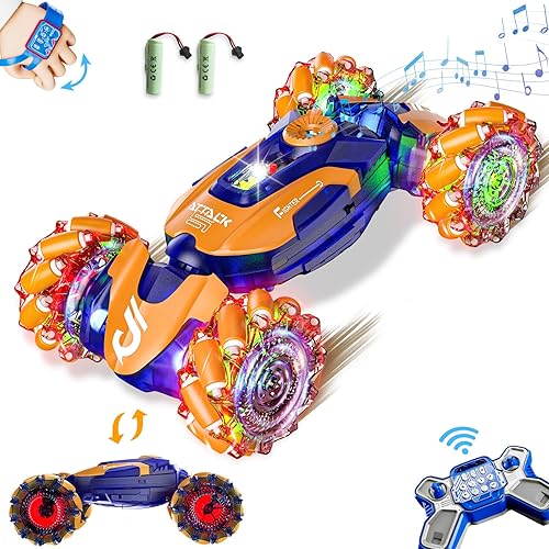 Coche de acrobacias RC con detección de gestos, juguete de control remoto para edades de 5 a 7 a 13 años, con luces en aerosol musical, 4WD 360