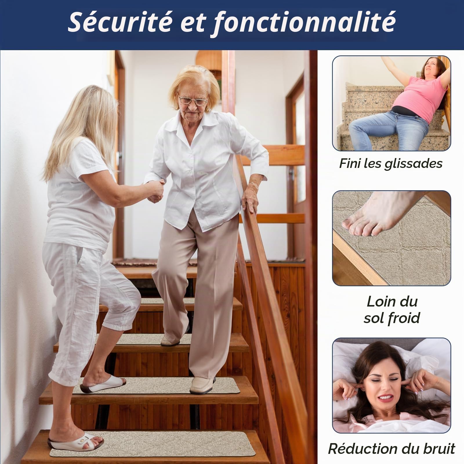 Bocguy Lot de 15 Tapis d'Escalier Antidérapant, 55 x 19 cm Marchettes d'Escalier Autocollantes Intérieur, Découpables, Réutilisables pour Protéger Les Escaliers