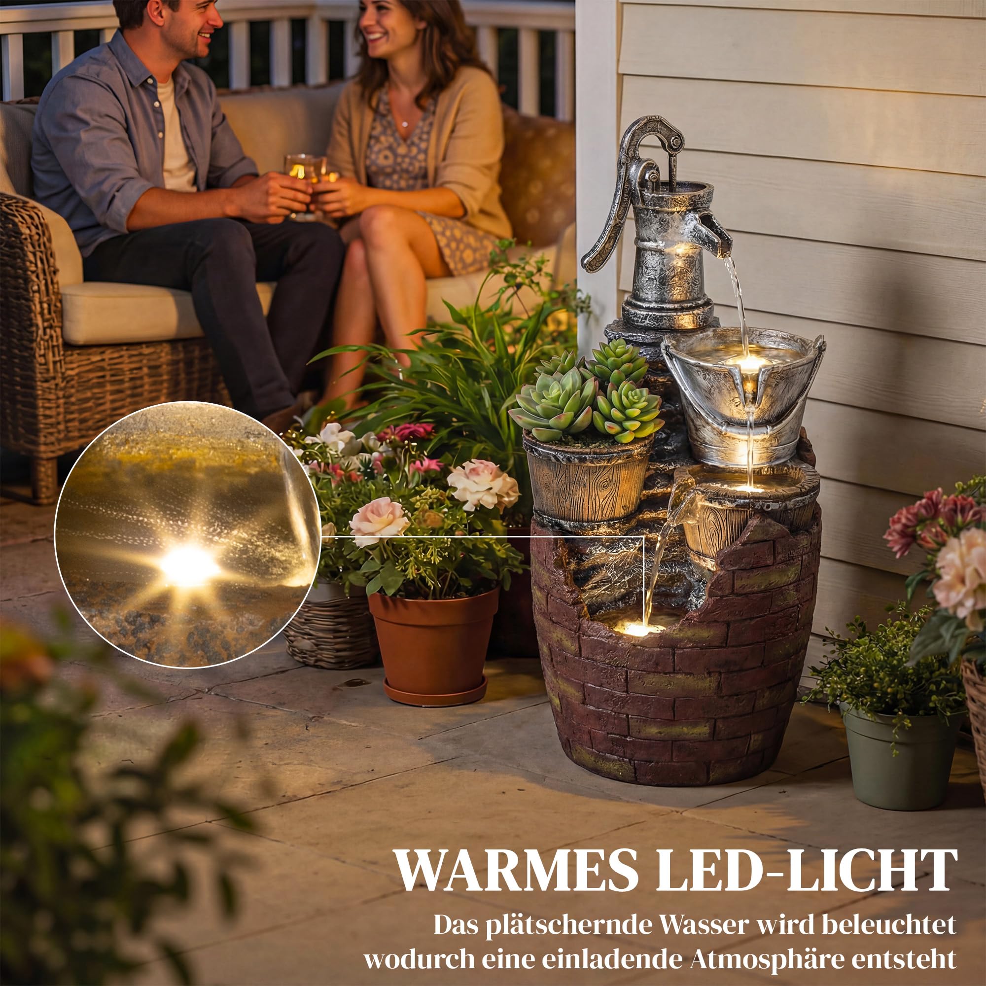 Outsunny Springbrunnen 4-stufig rustikal Gartenbrunnen mit LED Beleuchtung Pflanzkübel Pumpe, Verstellbar Zimmerbrunnen Terrassenbrunnen Wasserspiel Zierbrunnen für Garten Rasen 34 x 31 x 76 cm