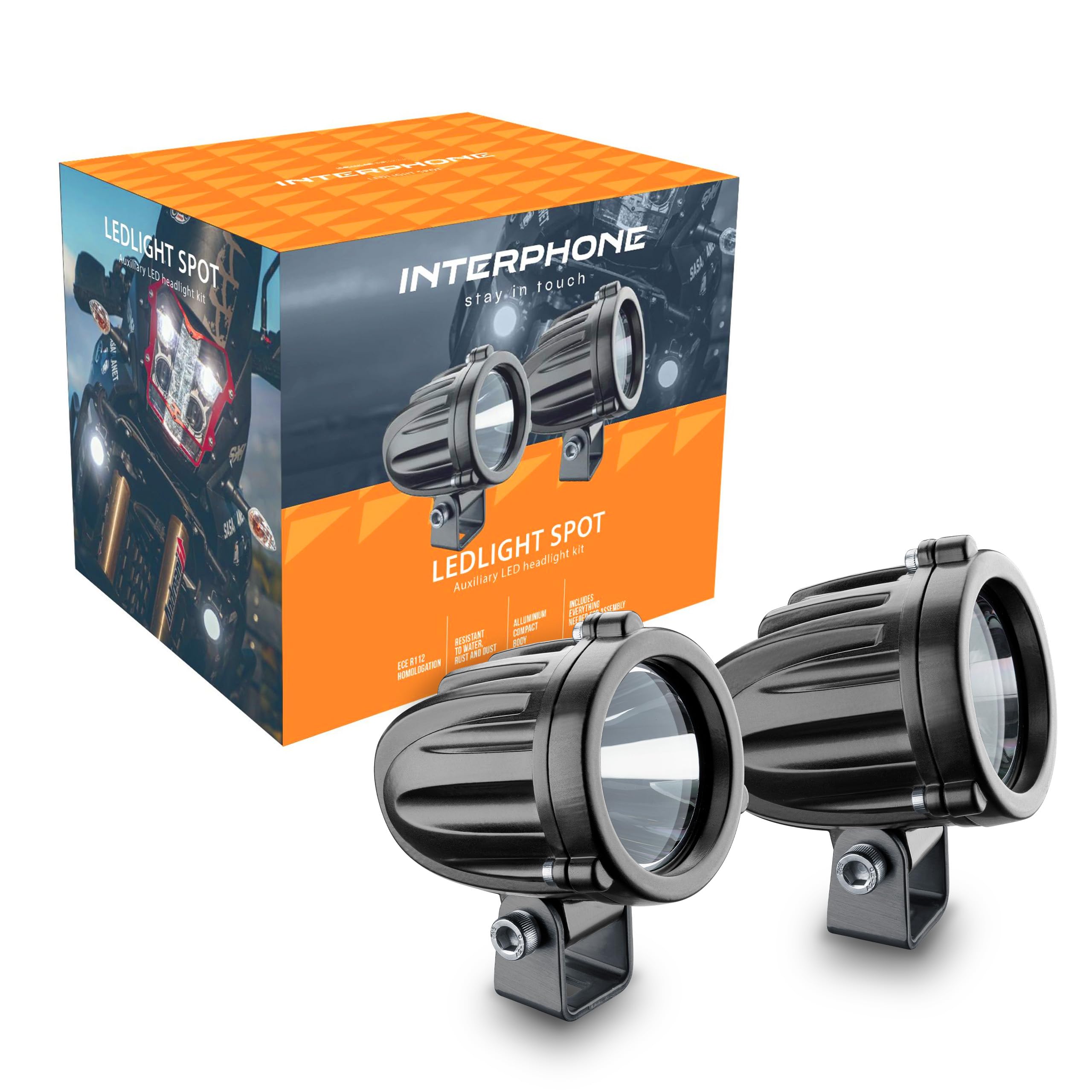 INTERPHONE Coppia Faretti LED Anteriori da Moto, Kit con 2 faretti moto ausiliari con omologazioni stradale ECE R112, Luci moto con potenza 10W, flusso luminoso 990 Lumen e pattern fascio luce SPOT