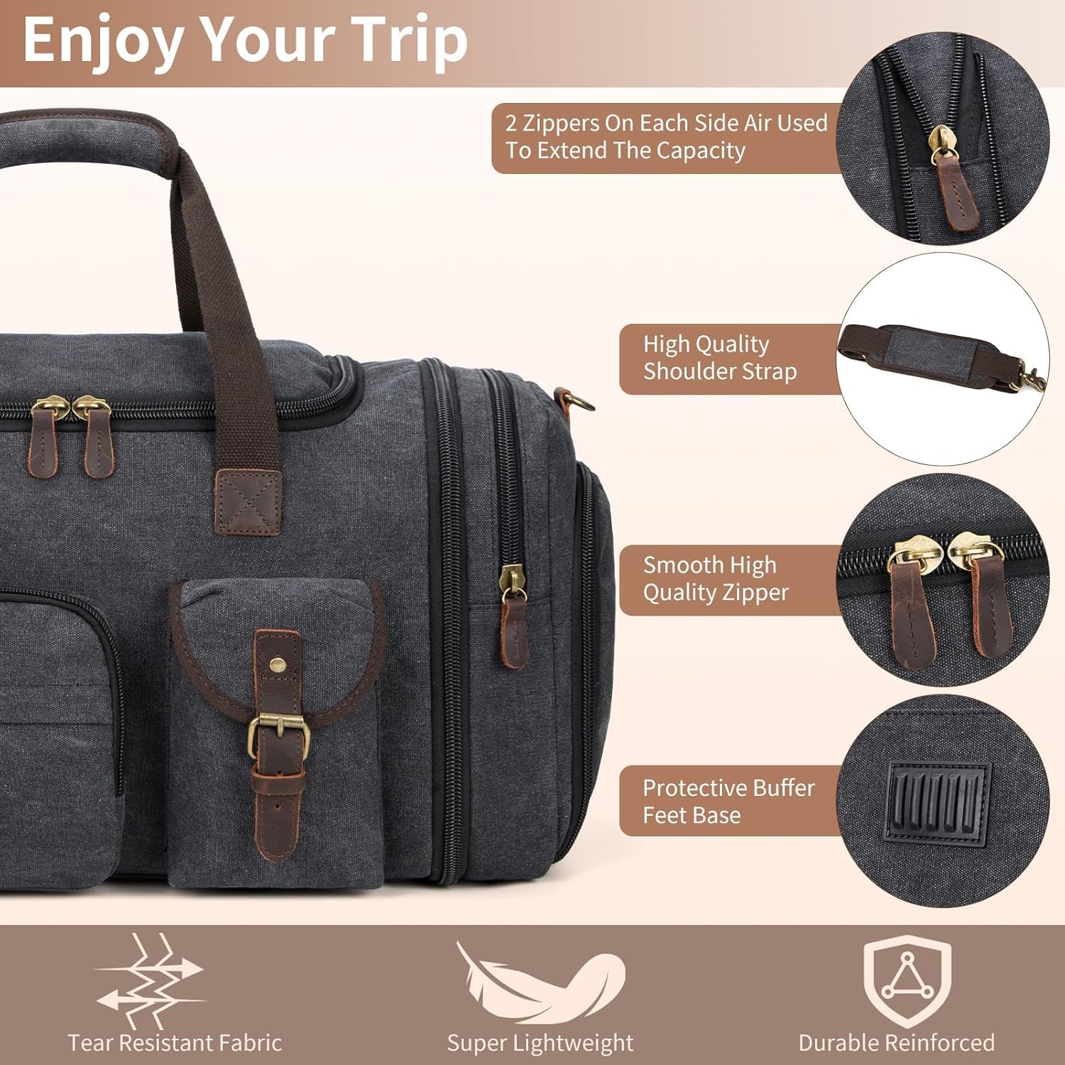 Bolsa de lona expandible para hombre, 60 litros, con compartimento para zapatos, para llevar a cabo el fin de semana, con compartimento para zapatos, para aviones, Gris-oscuro, Exteriores 2