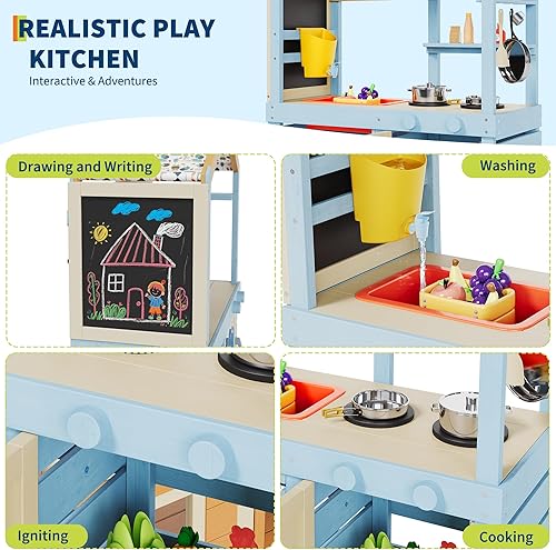 Miniatura 3 de Cocina de barro de madera al aire libre para niños, cocina de juego de madera con toldo, fregadero y grifo extraíbles, pizarra de tiza de doble