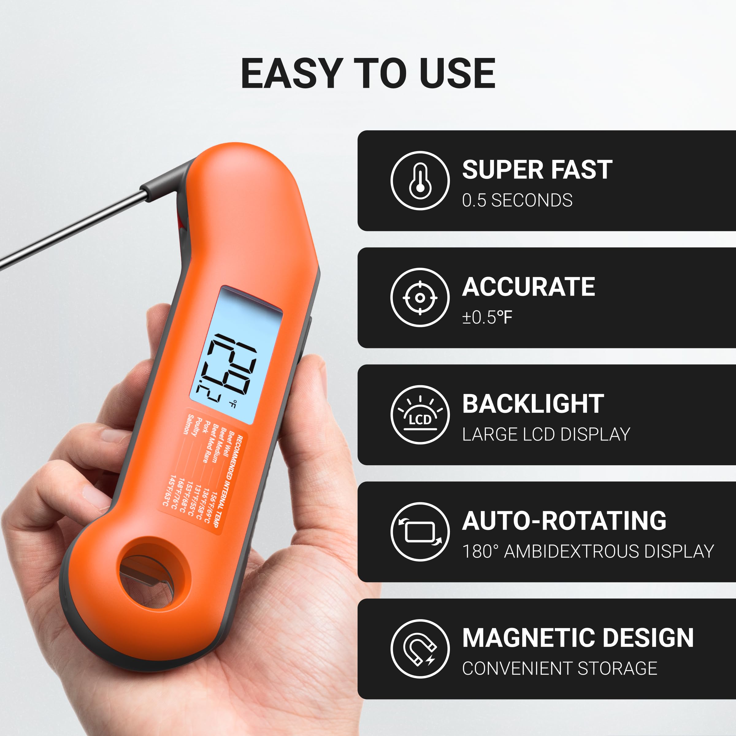 Termometro professionale per carne digitale, lettura istantanea ultra veloce di 0,5 secondi, certificato NIST precisione ±0.-15 °C, 100% impermeabile, display retroilluminato a rotazione automatica