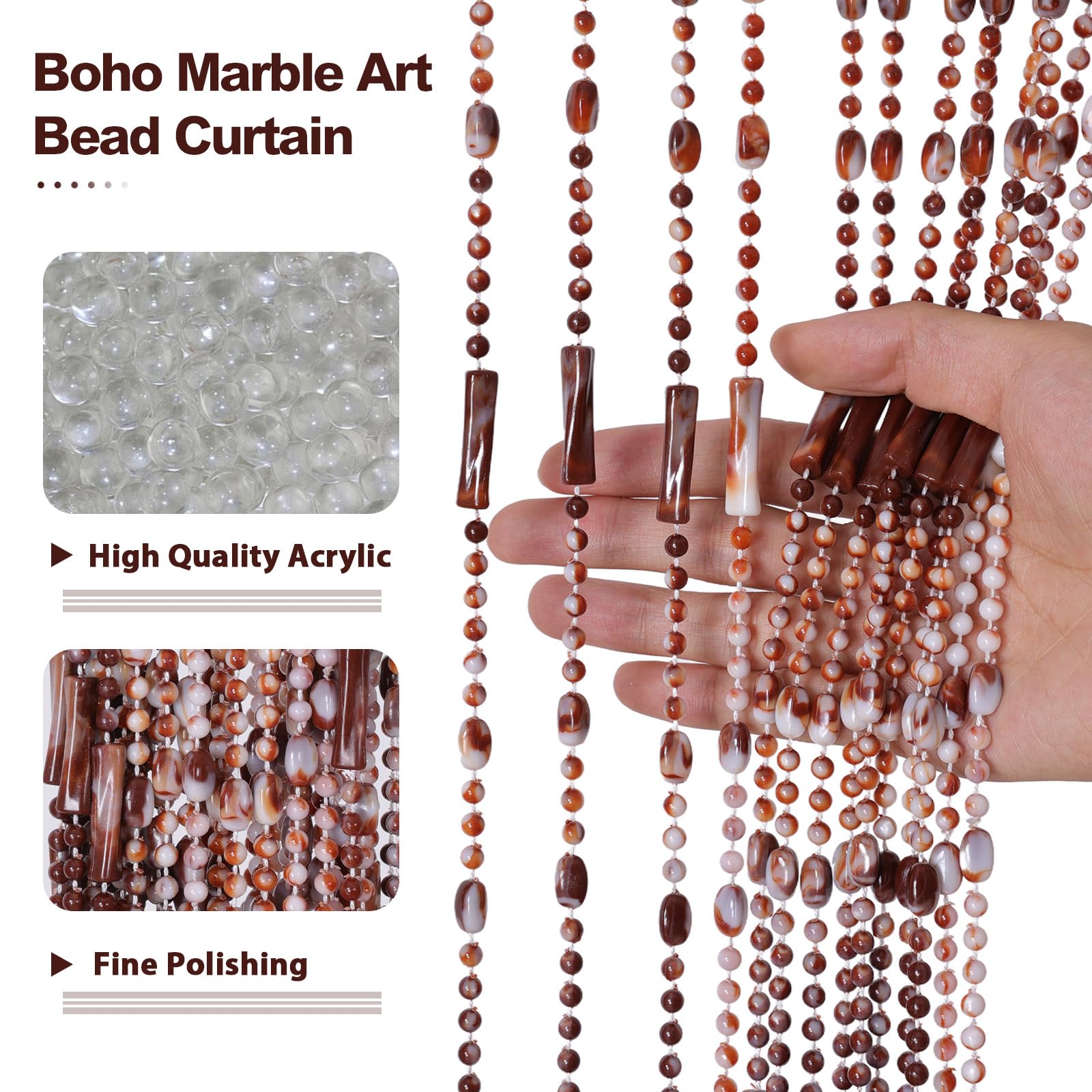 BECHAEO Rideau de perles pour porte, fenêtre, porte en acrylique, séparateur de pièce à suspendre, style bohème, rustique, décoration d'intérieur, magasin, marbre caramel, 90,2 x 198,1 cm