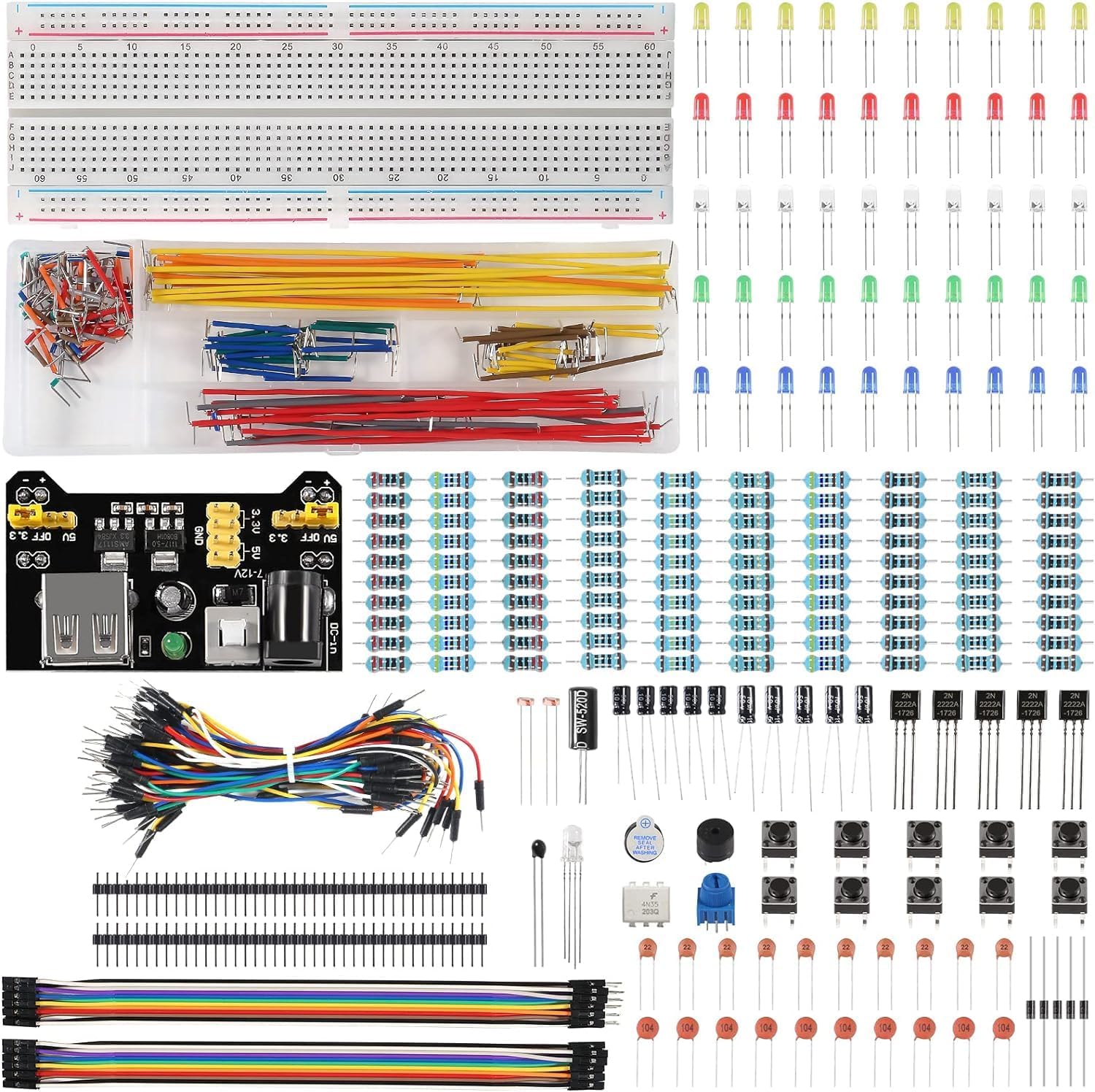 Electronic Component Basic Starter Kit, Electronic Fun Kit with Breadboard,Bundle,Power Supply, Jumper Wires, Resistors, LED Come with Plastic Box