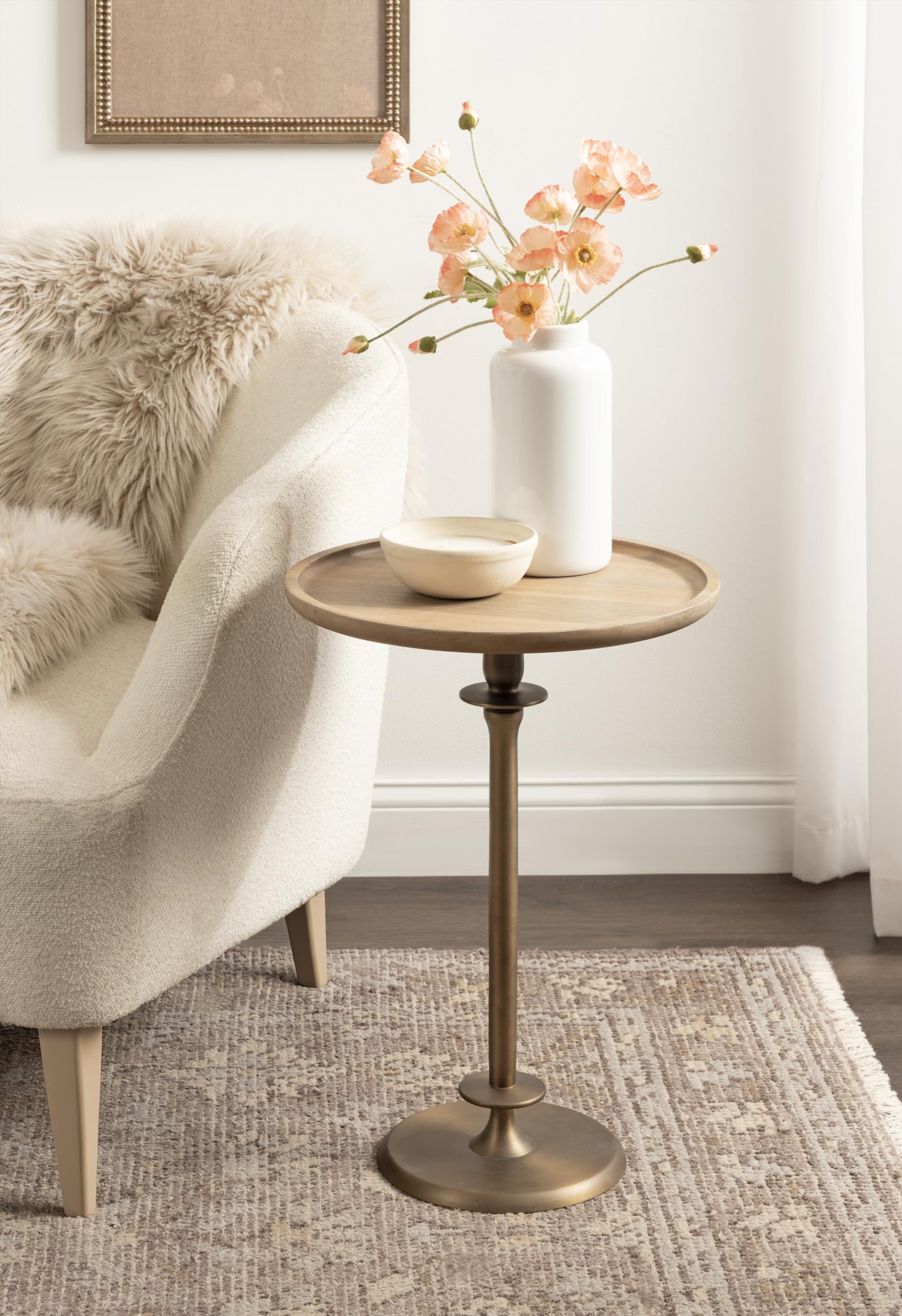 Kate and Laurel Arora Modern Wood and Metal Round Side Table, 17 x 17 x 24, Light Natural and Antique Brass, Transitional Sculptural Living Room End Table for Indoor Plant Stand or Bedroom Nightstand