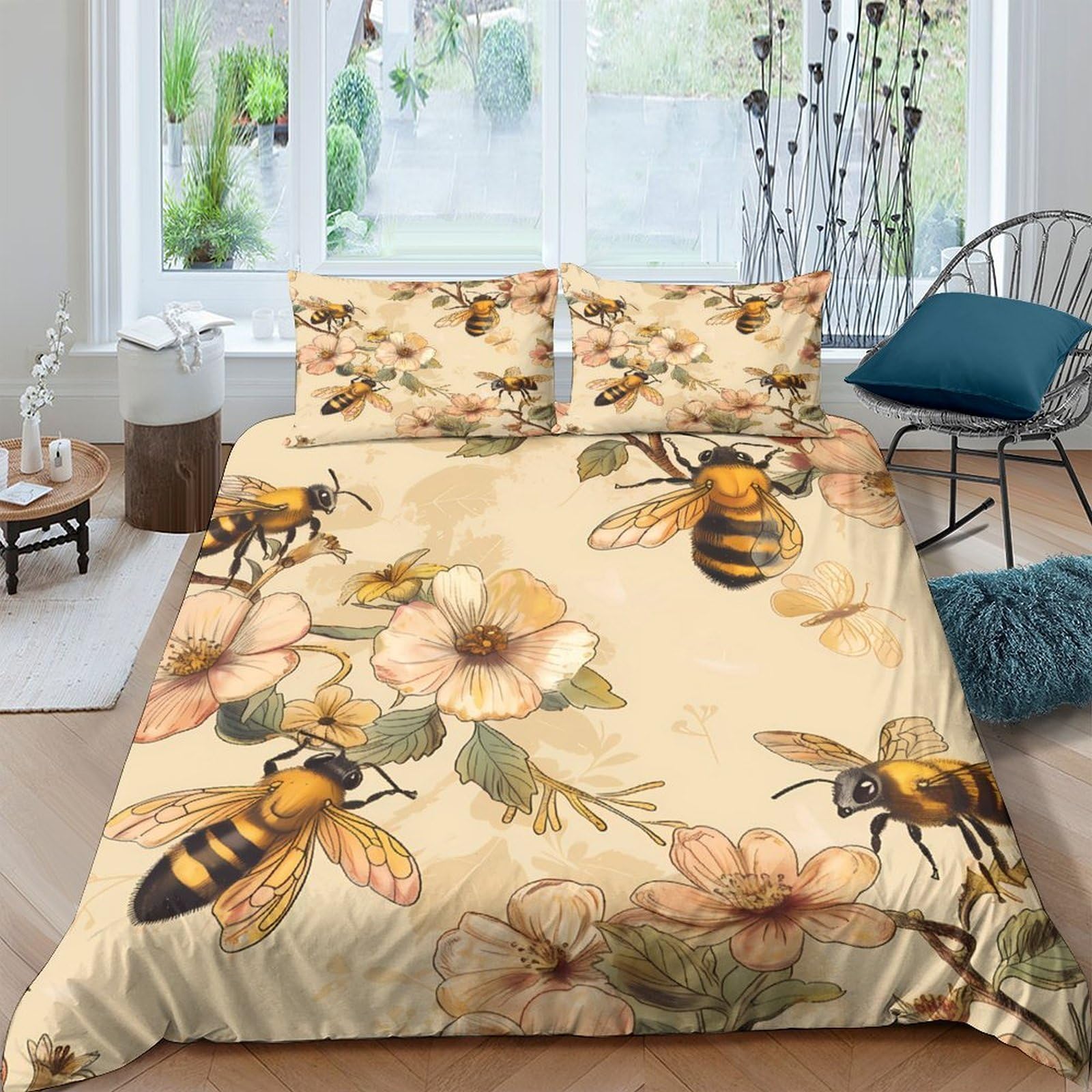 Ctjqhvkz Style-5 3D Printed Bee Flower Fitted Sheet Microfiber Soft Breathable Honeycomb Bed Cover For Bedroom Guest Room Decor Single（135X200cm）