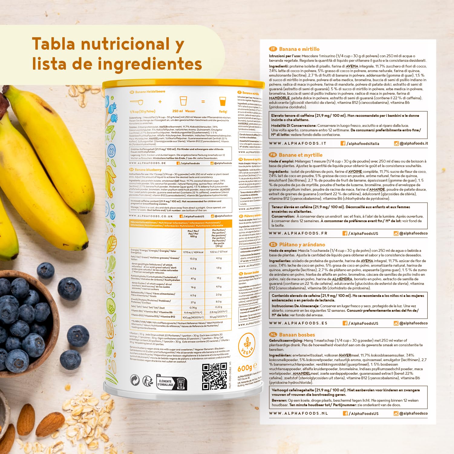Morning Fuel Batido para Desayunos y Meriendas Nutritivos - con Vitamina B6 y B12 - Batidos Sustitutivos de Comida - Proteina Vegana de Guisantes y Avena - Sabor Plátano y Arándano 600g - Alpha Foods