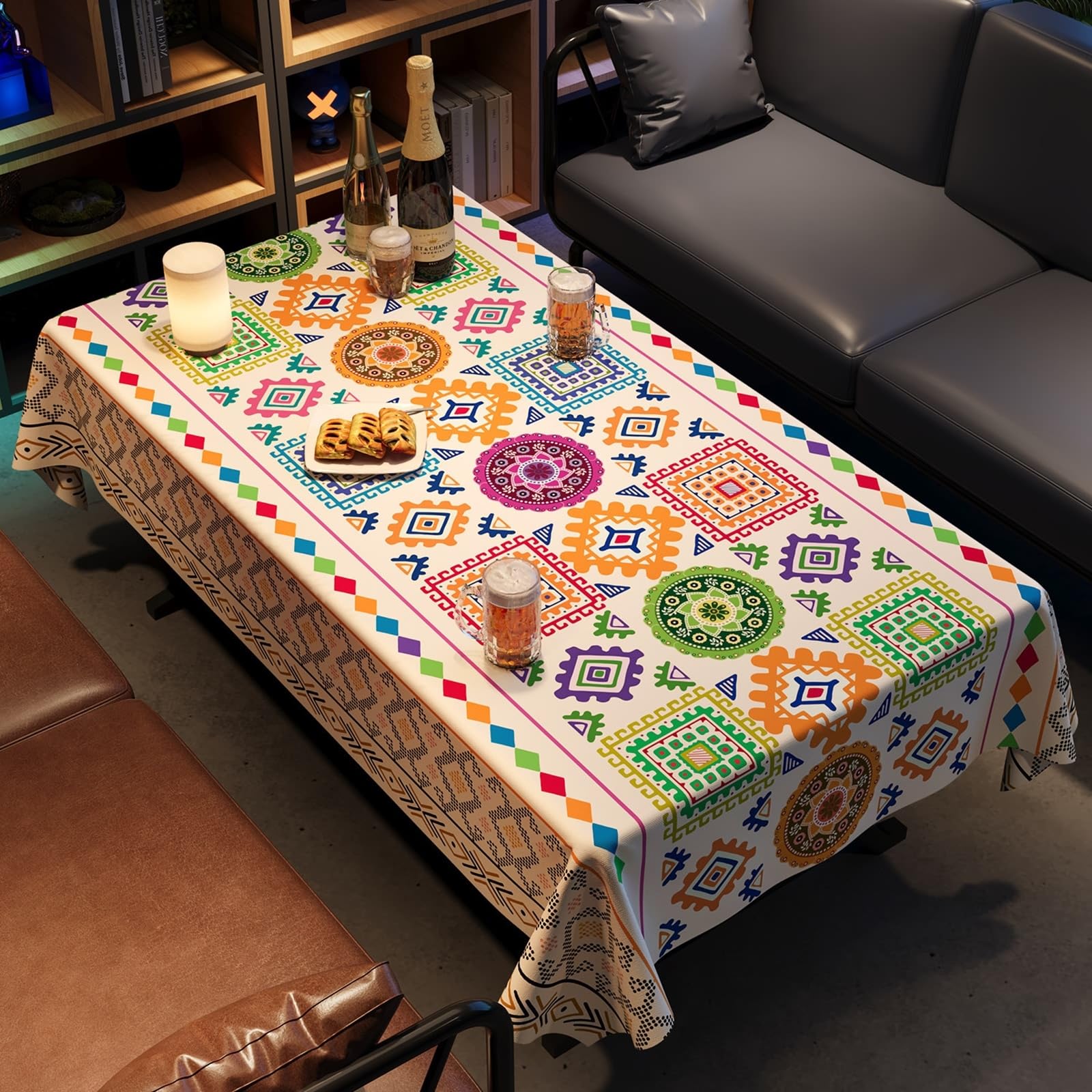 Mantel rectangular para mesa, diseño de flores, multicolor, PVC, 140 x 140 cm