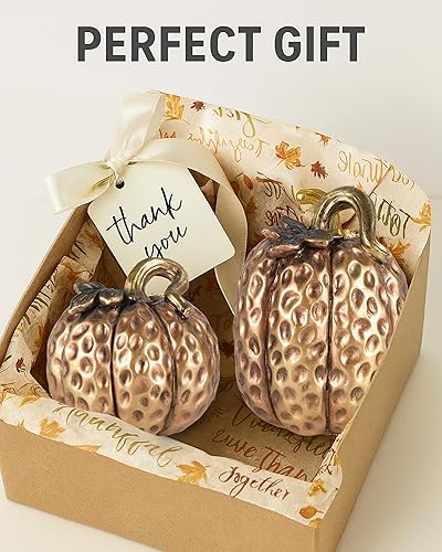 Miniatura 6 de Juego de 2 figuras de calabaza de resina dorada, decoraciones texturizadas de cosecha de otoño para centro de mesa, decoración de Acción de Gracias,