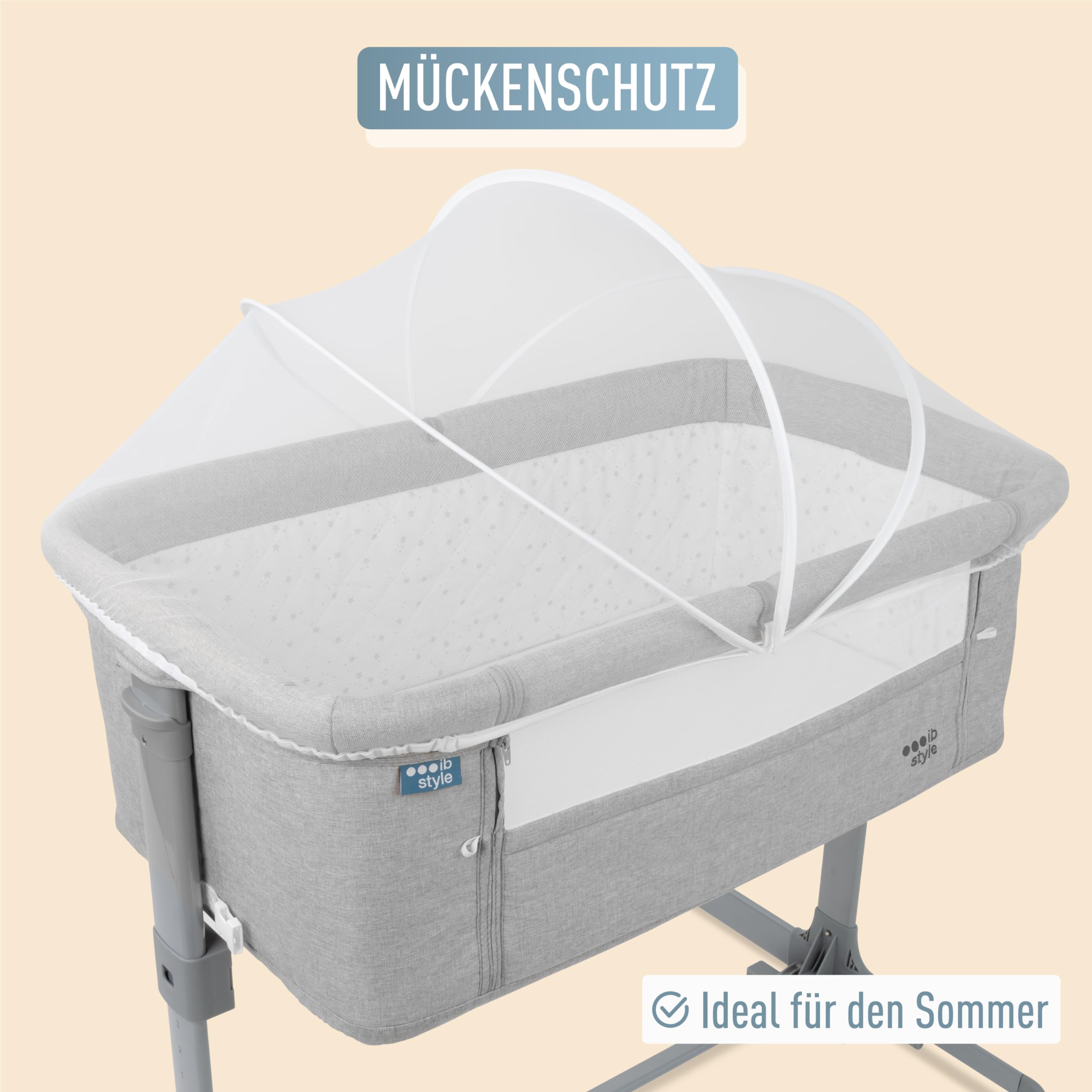 ib style Aluna 3in1 Beistellbett, Babybett, Zustellbett, weiche Matratze, 5-Fach Höhenverstellbar, Reisebett mit Tasche, Kinderbett mit Rollen, Wiege, für Zuhause und Unterwegs - Hell Grau