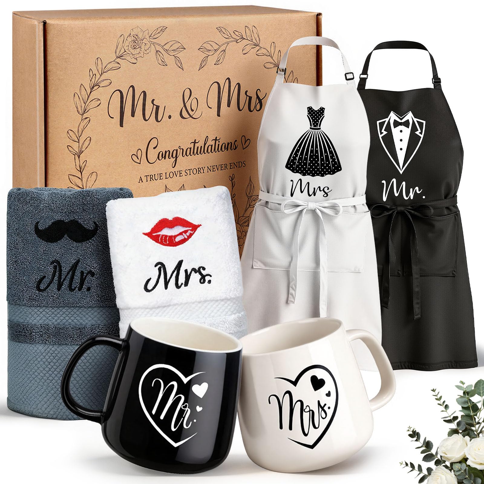 TUZELIYA Best Romantic Wedding Gifts for Bride and Groom - Engagement Gifts for Newlyweds with Aprons, Coffee Mugs and 100% Cotton Towels - Couple Anniversary Birthday Gift for His & Hers Mr & Mrs
