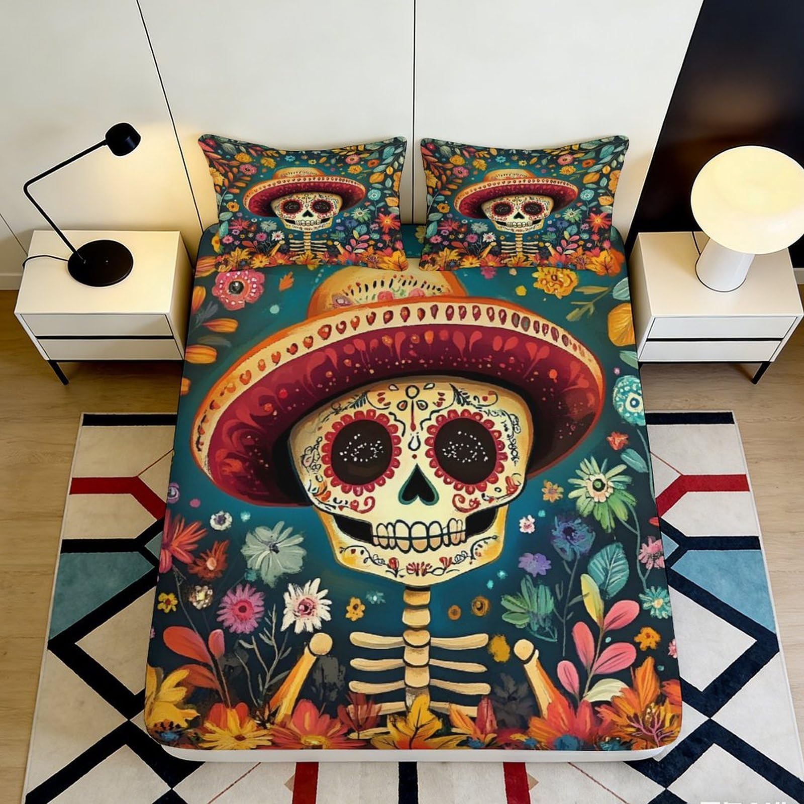 3D Printed Colorful Skull Fitted Sheet Microfiber Soft Breathable Floral Skeleton Bed Cover for Bedroom Dormitory Guest Room Mattress Protection 140x200x25cm