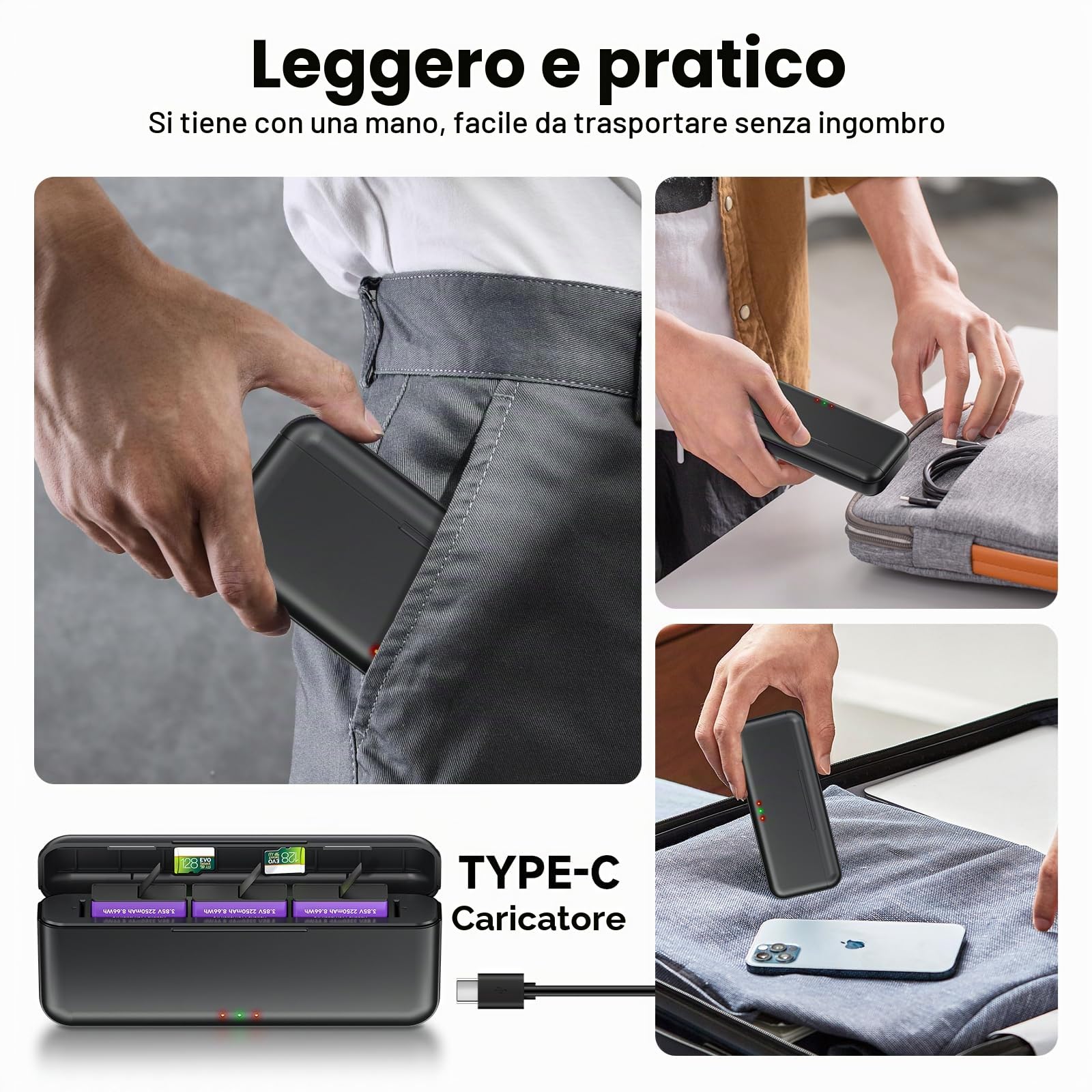 2250mAh Osmo Action 5 Pro Batteria Con Caricabatterie Per DJI Osmo 360/Action 6/Action 5 Pro/Action 4/Action 3, 3-channel Caricabatterie e custodia di ricarica rapida USB con cavo di tipo C