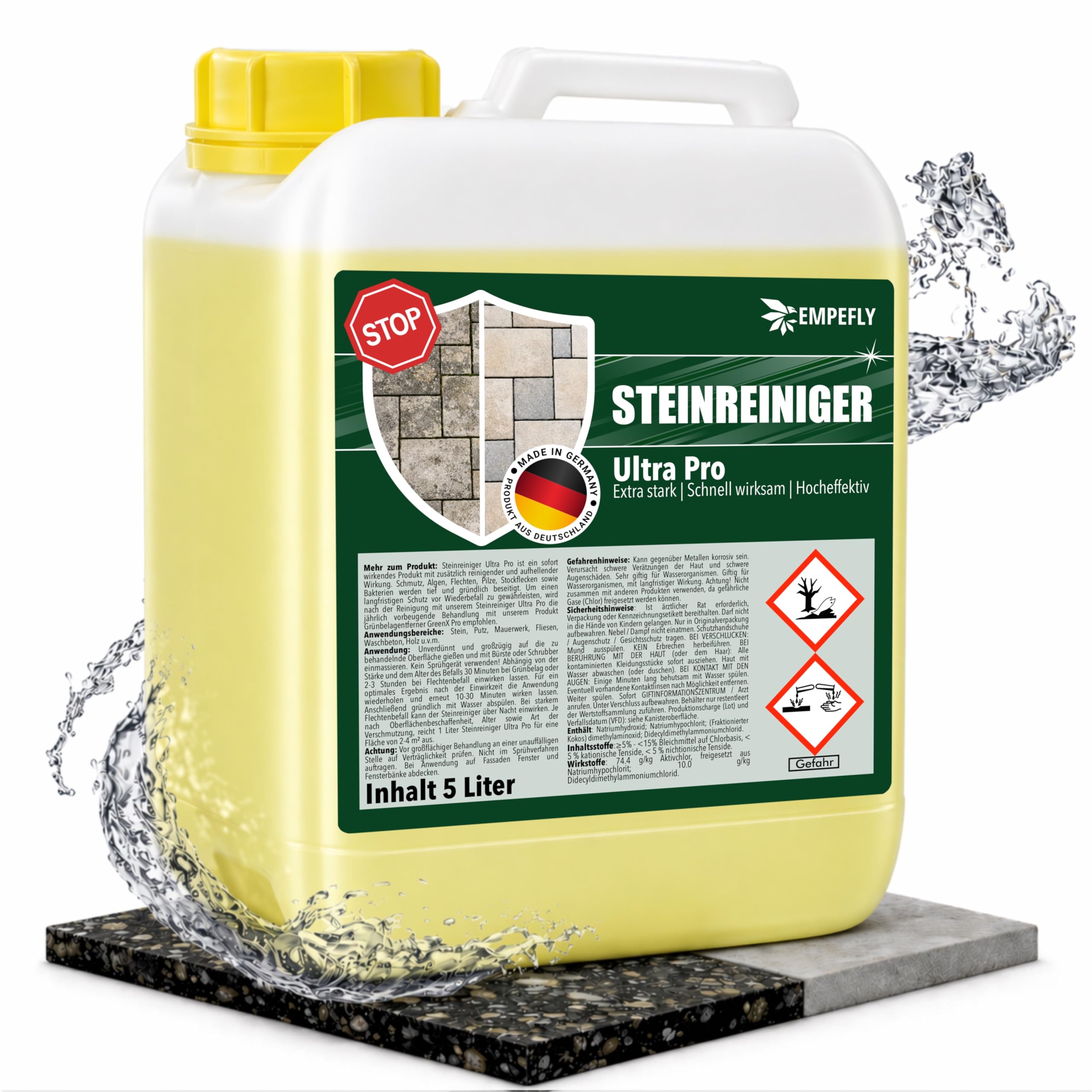 Steinreiniger Ultra Pro, intensiver Steinreiniger mit Sofortwirkung für außen, entfernt Schmutz, Grünbelag, Algen, Pilze und Flechten, Terrassenreiniger, Pflastersteine. (5 Liter Kanister)
