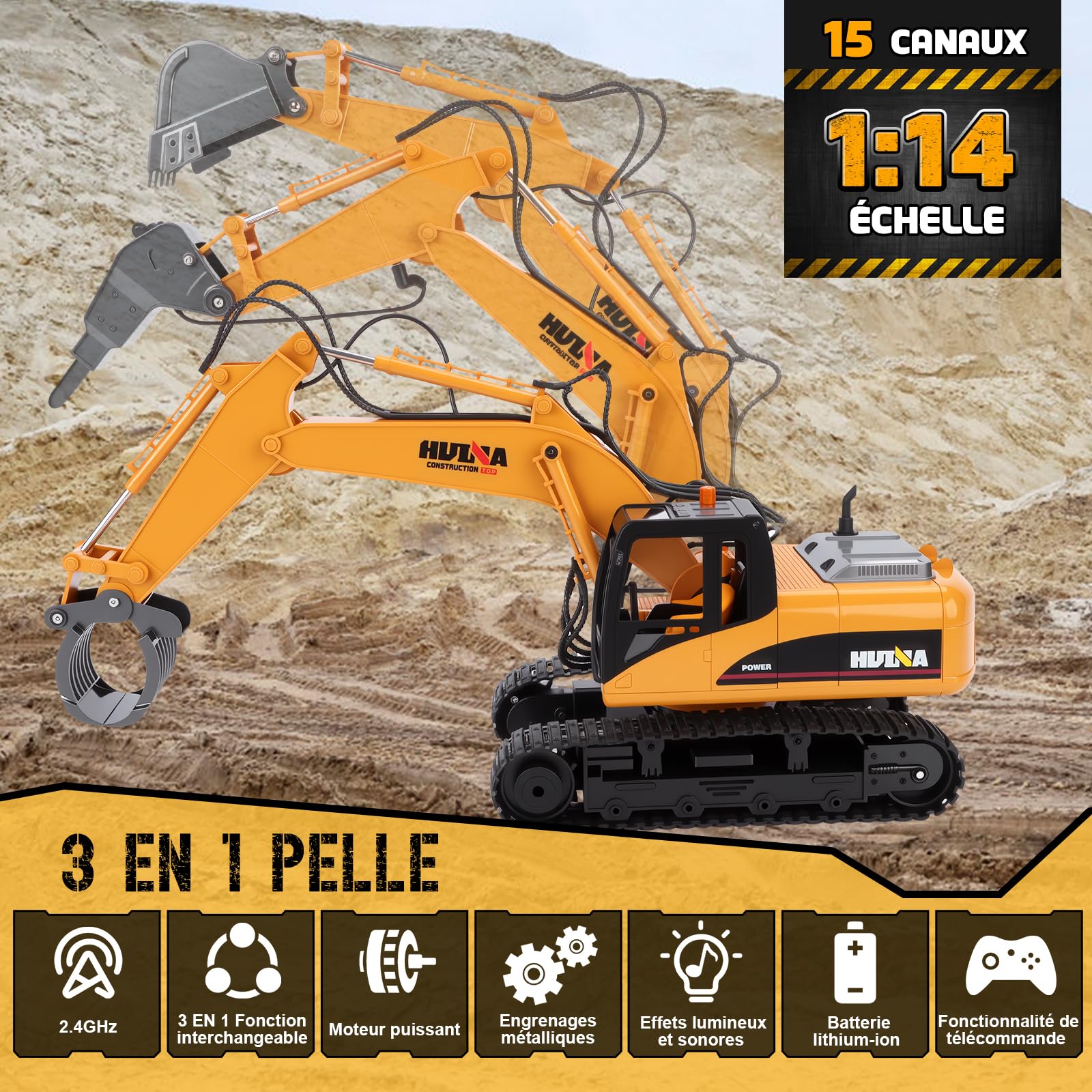 FORMIZON Godet Marteau Pince 3-en-1 Pelleteuse Télécommandée Enfant Jouet Garcon 8+ Ans, 1:14 Échelle 2.4G Hz Pelle Hydraulique Cadeau Noël Garcon 8-12 Ans Tractopelle Telecommandé