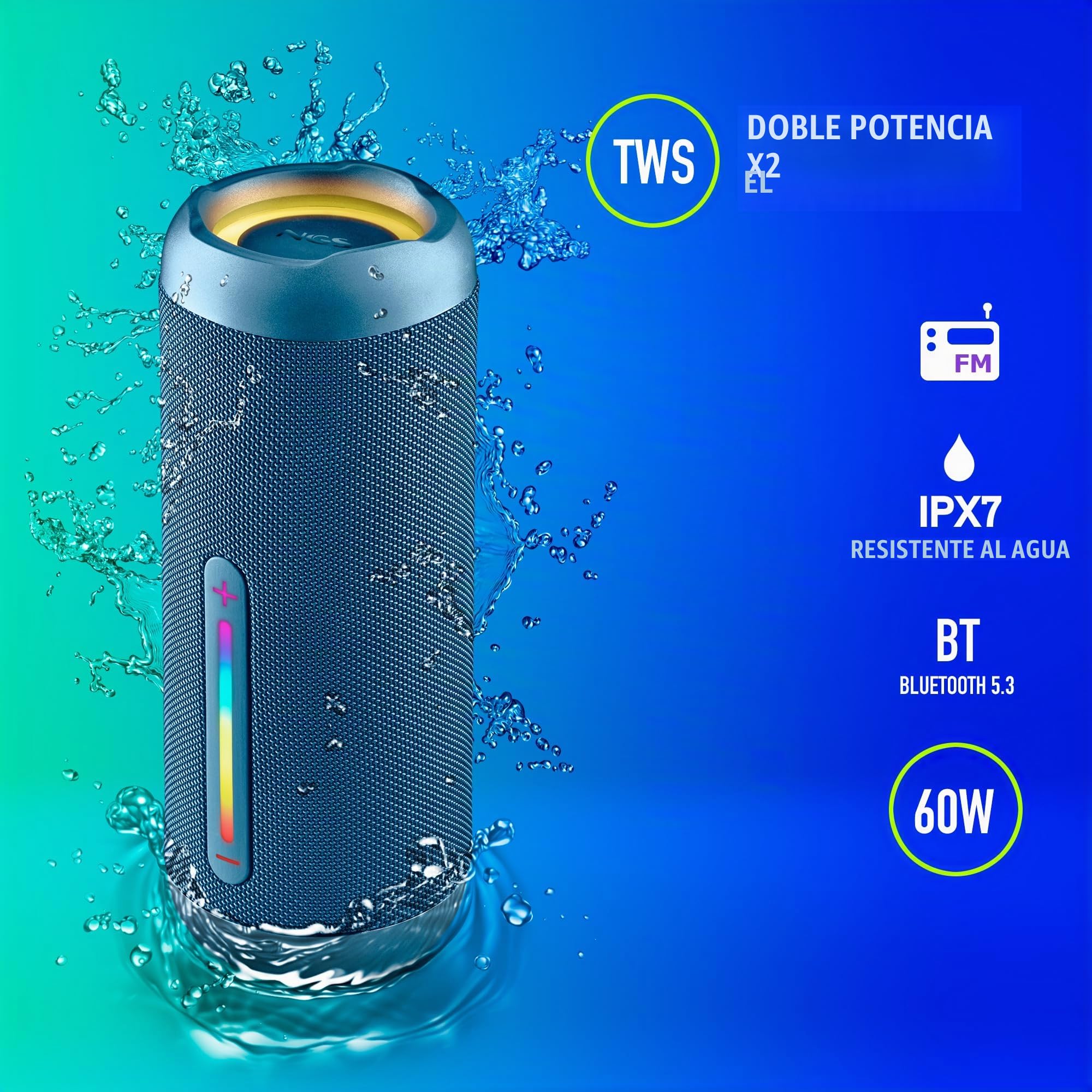 NGS Roller Furia 3 Blue – Altavoz Portatil Bluetooth 5.3, 60 W, IPX7 Sumergible, True Wireless TWS, USB, Bateria 9 Horas, Azul