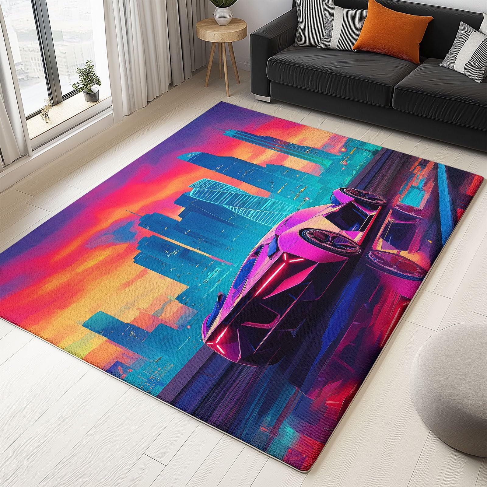 Generico Tappeto per bambini cameretta bambine bambini Multicolore Moderno Veicolo Città Auto Sportiva Tappeto per camera da letto estetico morbido decorativo, interni ed esterni 100 x 150 cm