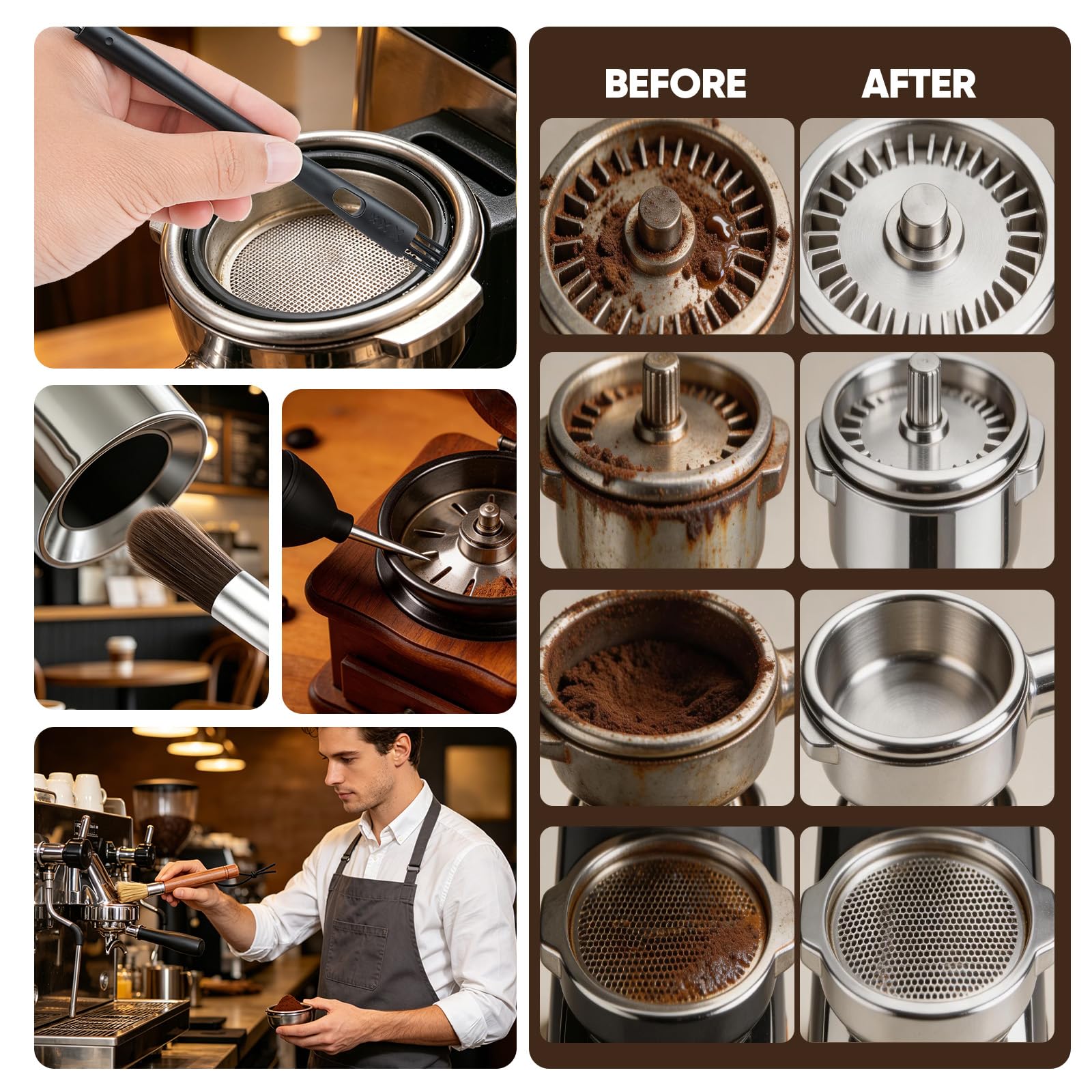 Kit de limpieza para molinillo de café, juego de cepillos para máquina de café expreso, 6 piezas con cepillo de cabeza de grupo, cepillo de largo alcance, cepillo de madera de nogal, soplador