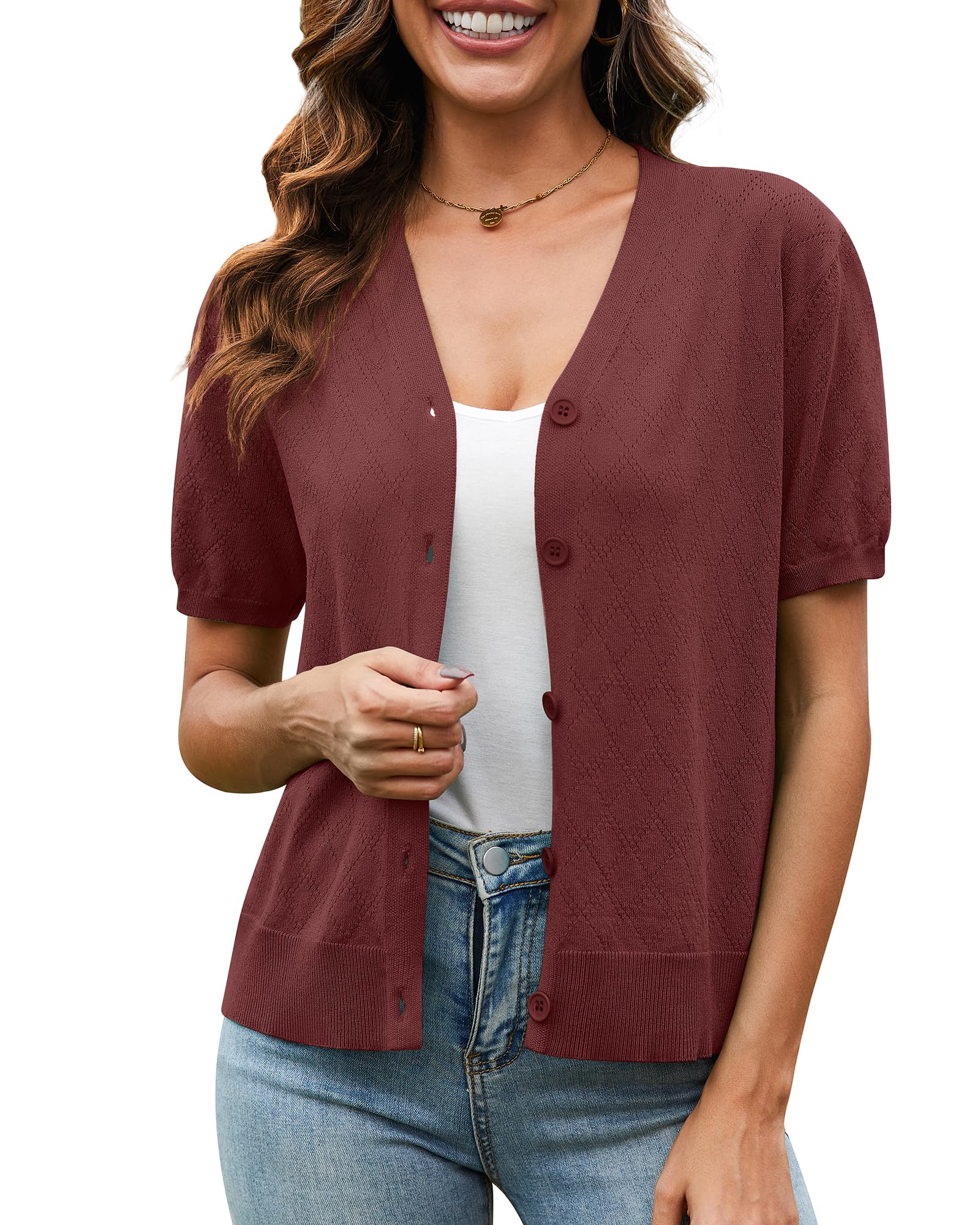 VIISHOW Short Sleeve Lightweight Summer Cardigan for Women, Button Down Open Front V Neck Crochet Knit Cropped Bolero Shrugs