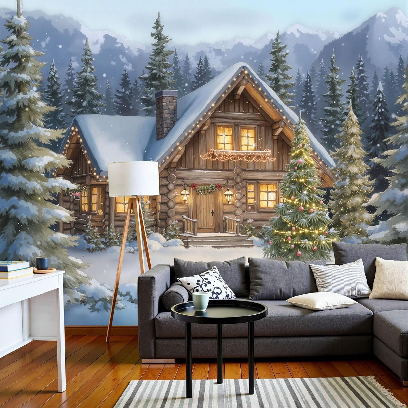 Non-woven photo wallpaper, winter pine trees - wall, snow-covered wooden house, motif wallpaper, picture wallpaper, 3D effect wall decoration, bedroom, living room, white, 400cm x 280cm, stickers - fr