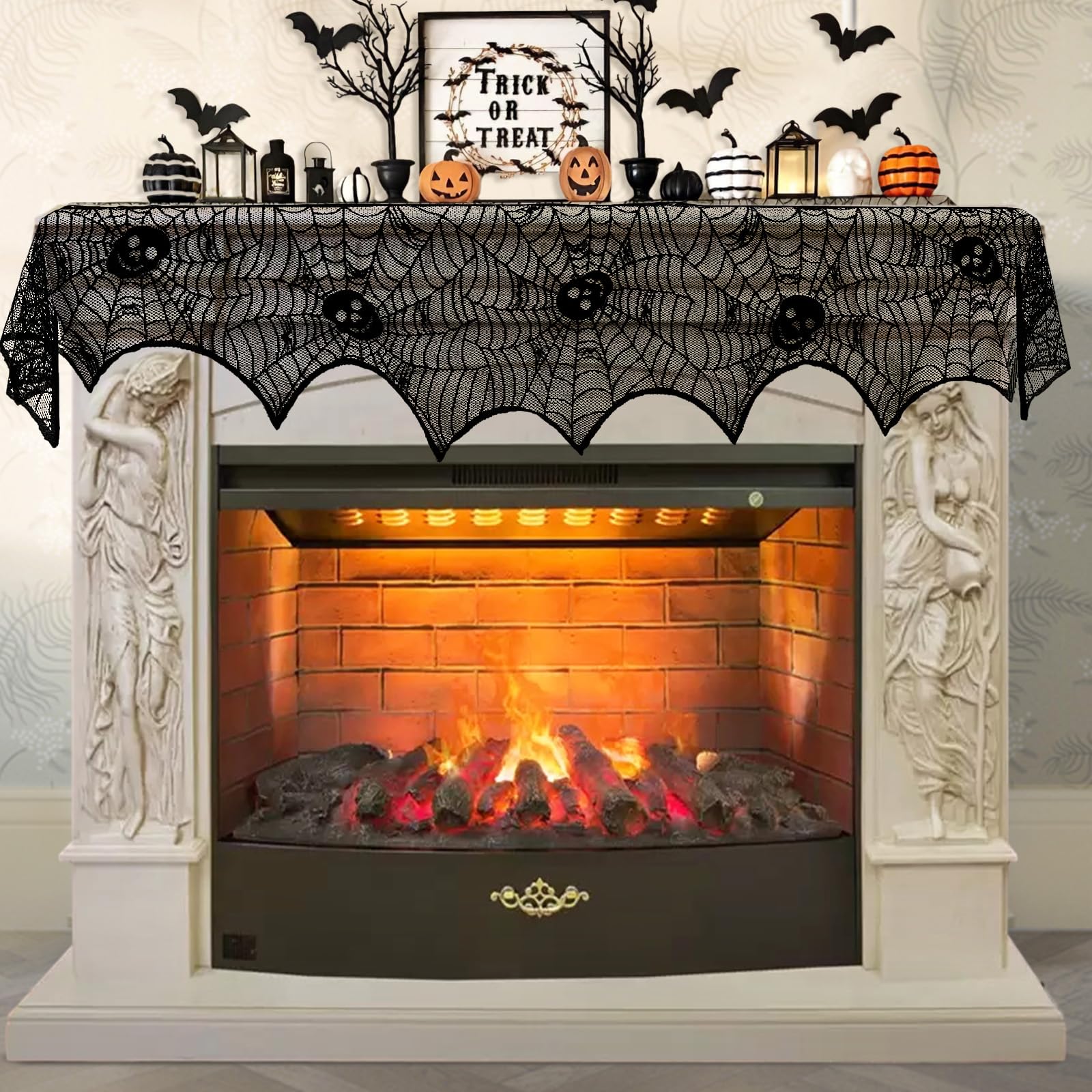AerWo Skull Spiderweb Halloween Fireplace Mantel Scarf Decorations Indoor