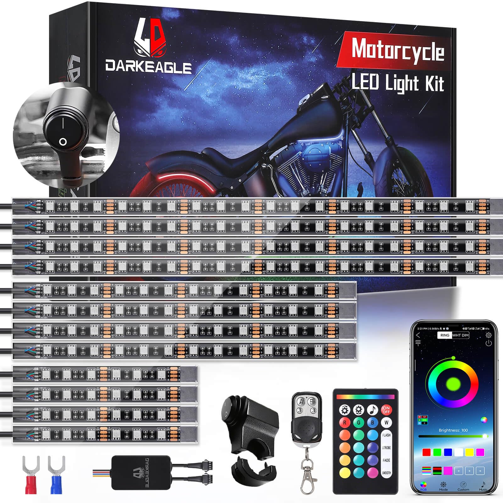 12PCS Motorcycle RGB LED Light Kit with Handlebar Switch Brake Turn Signal, Multicolor Underglow Lights with APP/RF Remote, Neon Strips 12V Waterproof for Sport Bike,Cruiser,Street&amp;Off-Road Motorcycle
