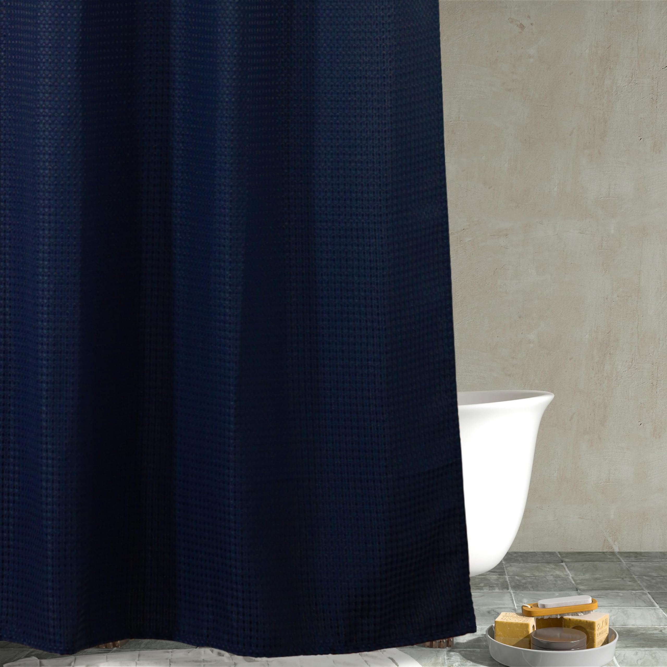 Popkozzi Navy Blue Waffle Shower Curtain: Heavy Duty Textured Fabric Shower Curtain for Bathroom